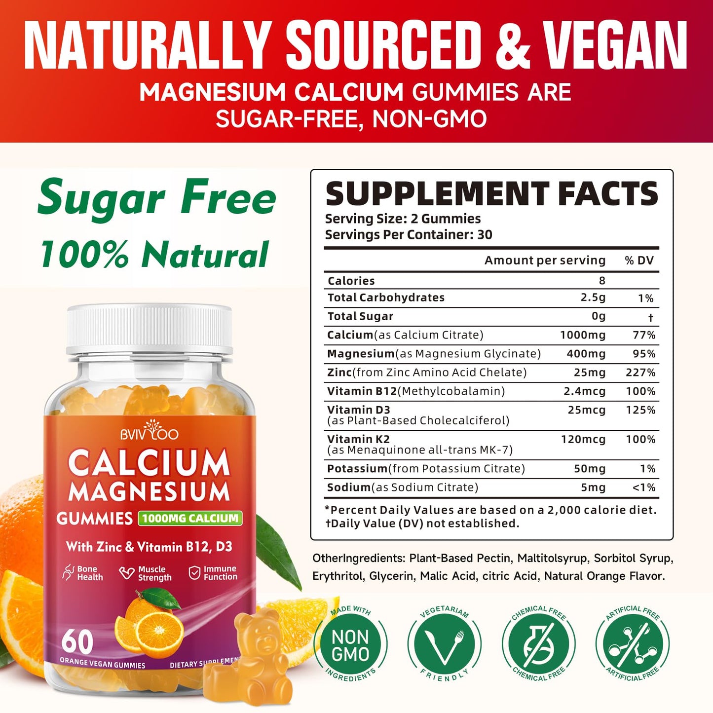 BVIVLOO Calcium Gummies 1000mg with Vitamin D3 K2 & B Complex, Potassium, Magnesium & Zinc, Gummies, 2-Pack