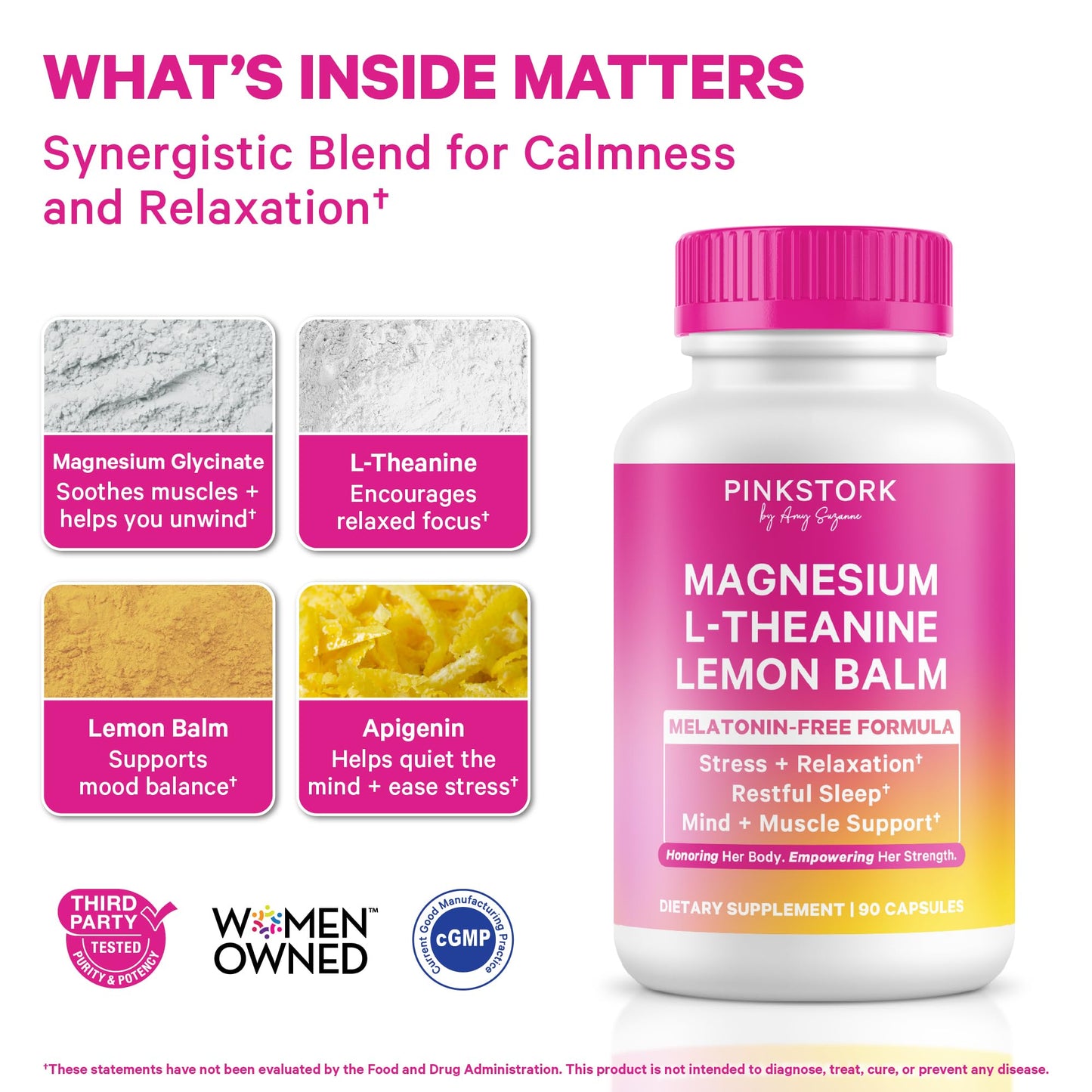 Pink Stork Magnesium Glycinate, L-Theanine, Lemon Balm Capsule, 90 Count