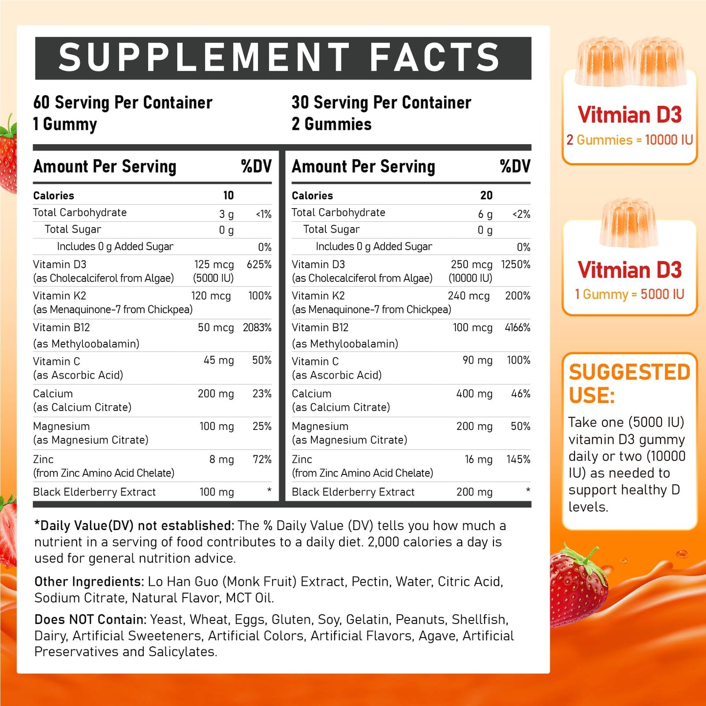 Edmmyliy Vitamin D3 Gummies 10000IU with K2, Methyl B12, Calcium, Magnesium, Zinc & Elderberry - Sugar-Free, Vegan, 120 Gummies