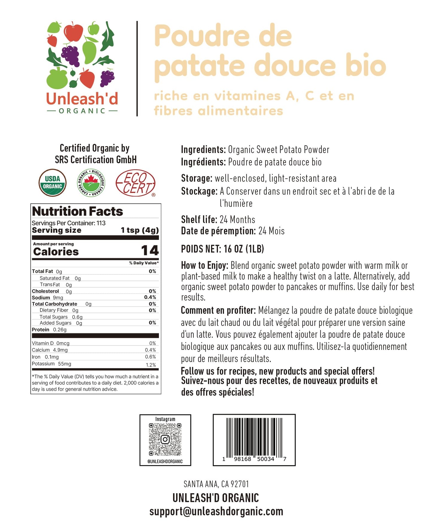 UNLEASH'D ORGANIC Sweet Potato Powder 16 oz