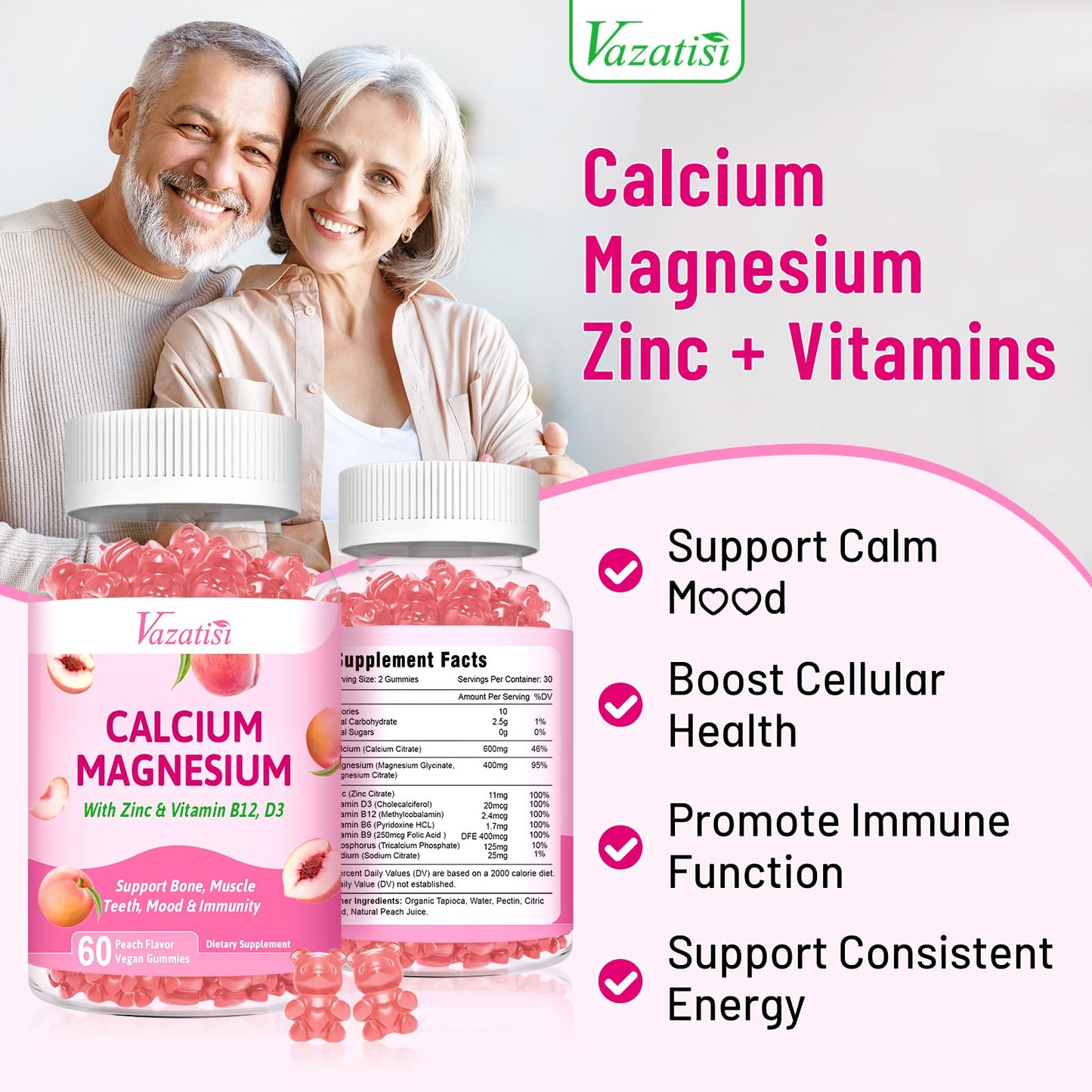 Vazatisi Calcium Magnesium Zinc Gummies with Vitamin D3 B12, 120 Count