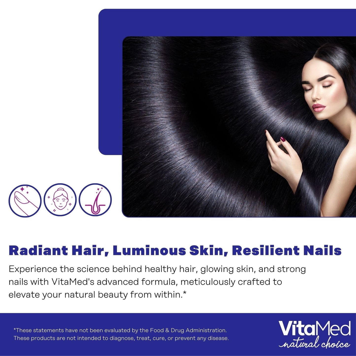 VitaMed Hair, Skin & Nails Biotin 5000 mcg, Collagen, OptiMSM, Keratin, Hyaluronic Acid & Silica 180 Tablets