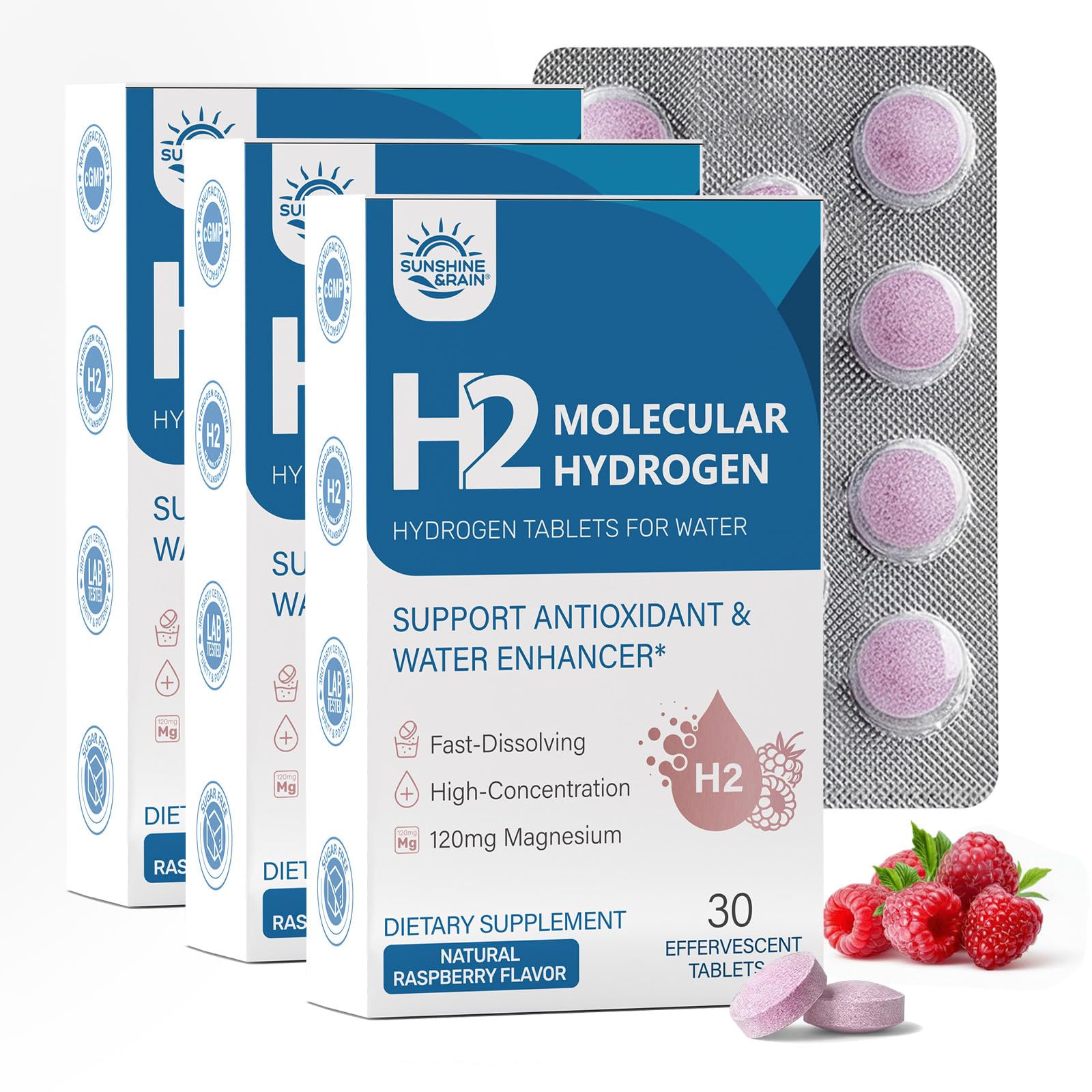 Sunshine & Rain Molecular Hydrogen (H2) Tablets with 120mg Magnesium – 16 PPM Hydrogen Water Tablets for Water, Advanced Hydrogen Technology, Antioxidant Support, Natural Raspberry Flavor, 90 Tablets