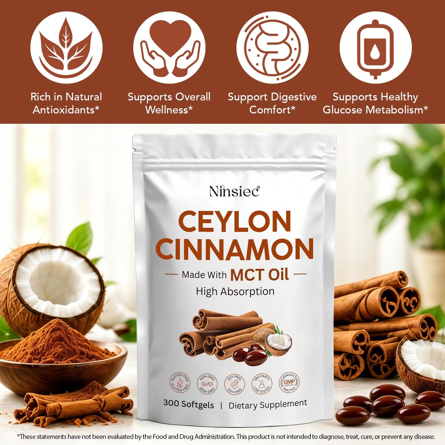 Ninsiec 2-in-1 Organic Ceylon Cinnamon with MCT Oil Softgel, 300 Softgels