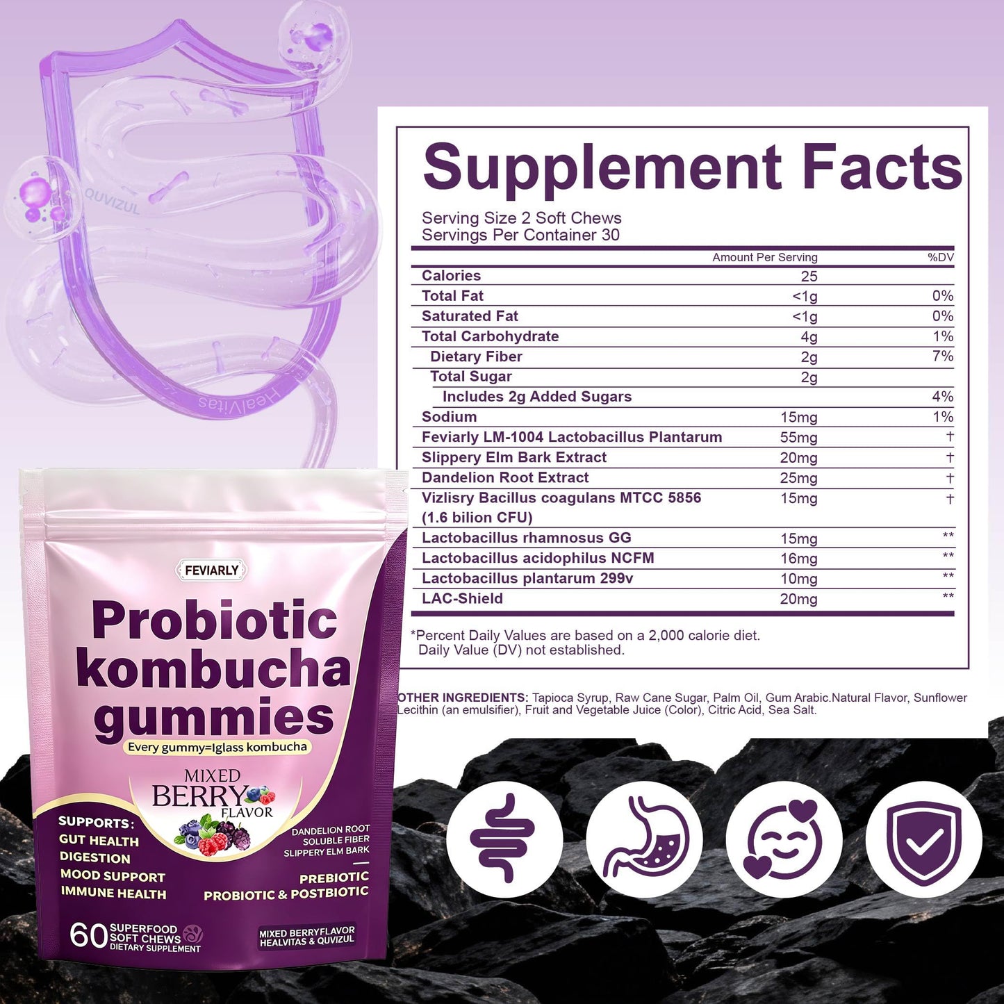 Feviarly Probiotic Kombucha Gummy Chewing sugar, Probiotic for Men and Women, with Prebiotic Probiotic and Postbiotic, Dandelion Root, Slippery Elm Bark, Supports Gut and Digestive Health, 7