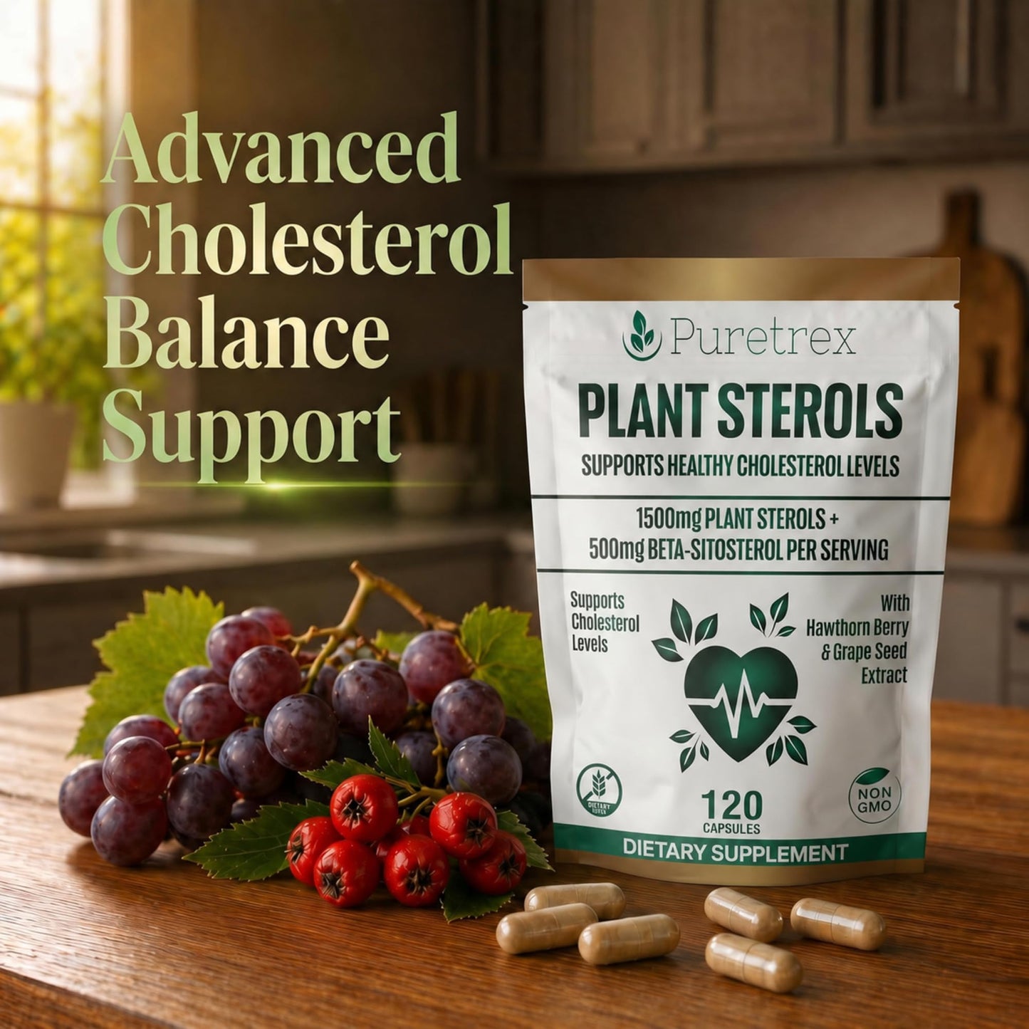 PURETREX Plant Sterols Complex with Beta-Sitosterol, CoQ10, Hawthorn Berry & Grape Seed Extract, 1 Capsule