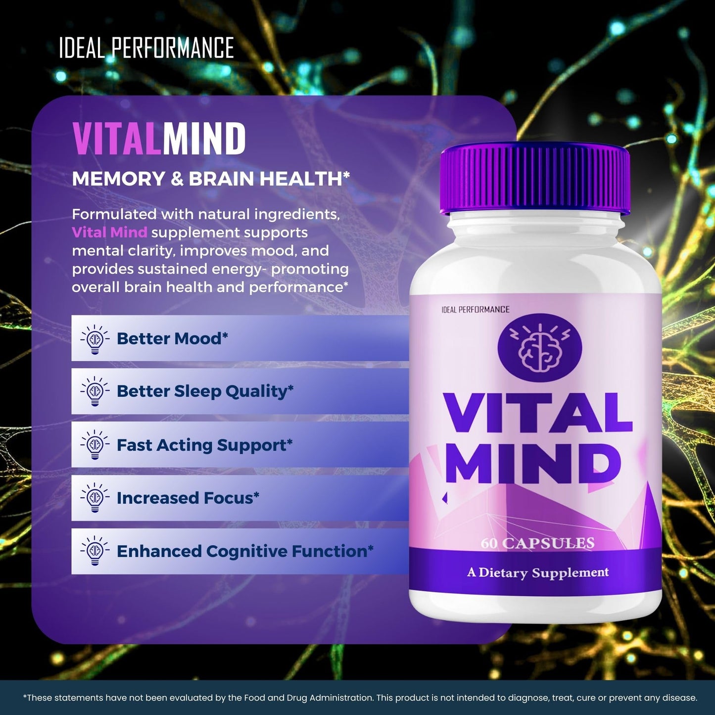IDEAL PERFORMANCE Vital Mind Brain & Memory Supplement Capsules, 300 Capsules