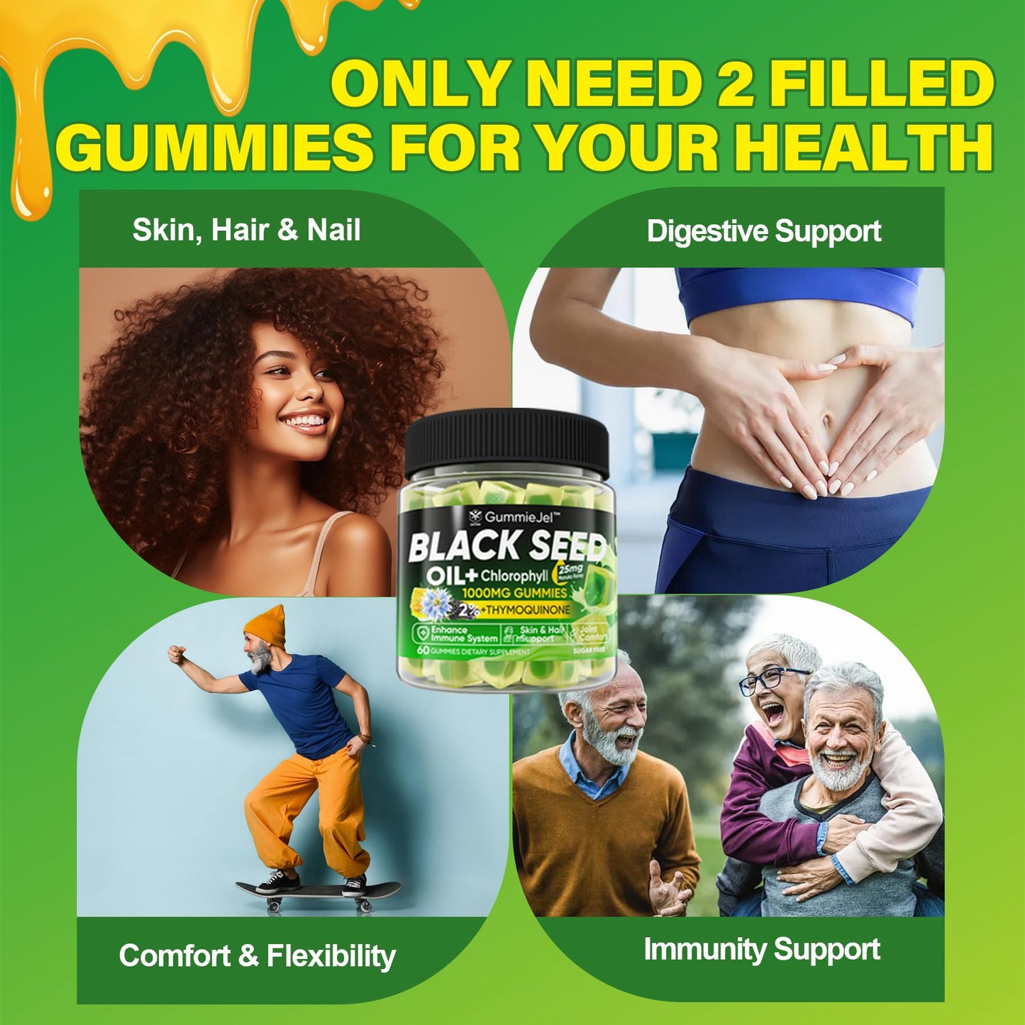 EnvyCure Black Seed Oil Gummies with Chlorophyll, Biotin 500mcg, Hydrolyzed Collagen, Raw Manuka Honey, Organic Cold Pressed - Ultimate Absorption for Skin, Hair & Nails, Digestive, Overall Health, 60 Gummies