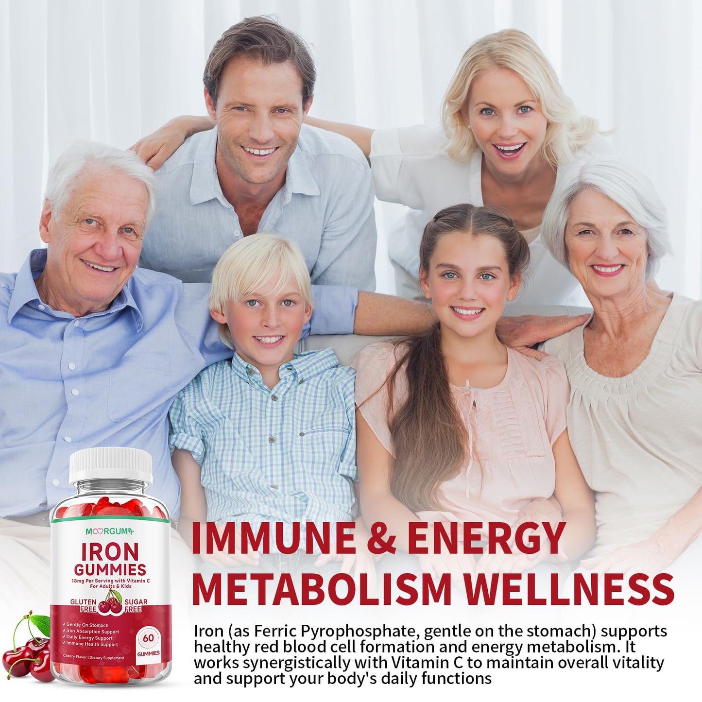 MOORGUMY Iron Gummies with Vitamin C, 18mg Iron, High Absorption, Cherry Flavor, 60 Count