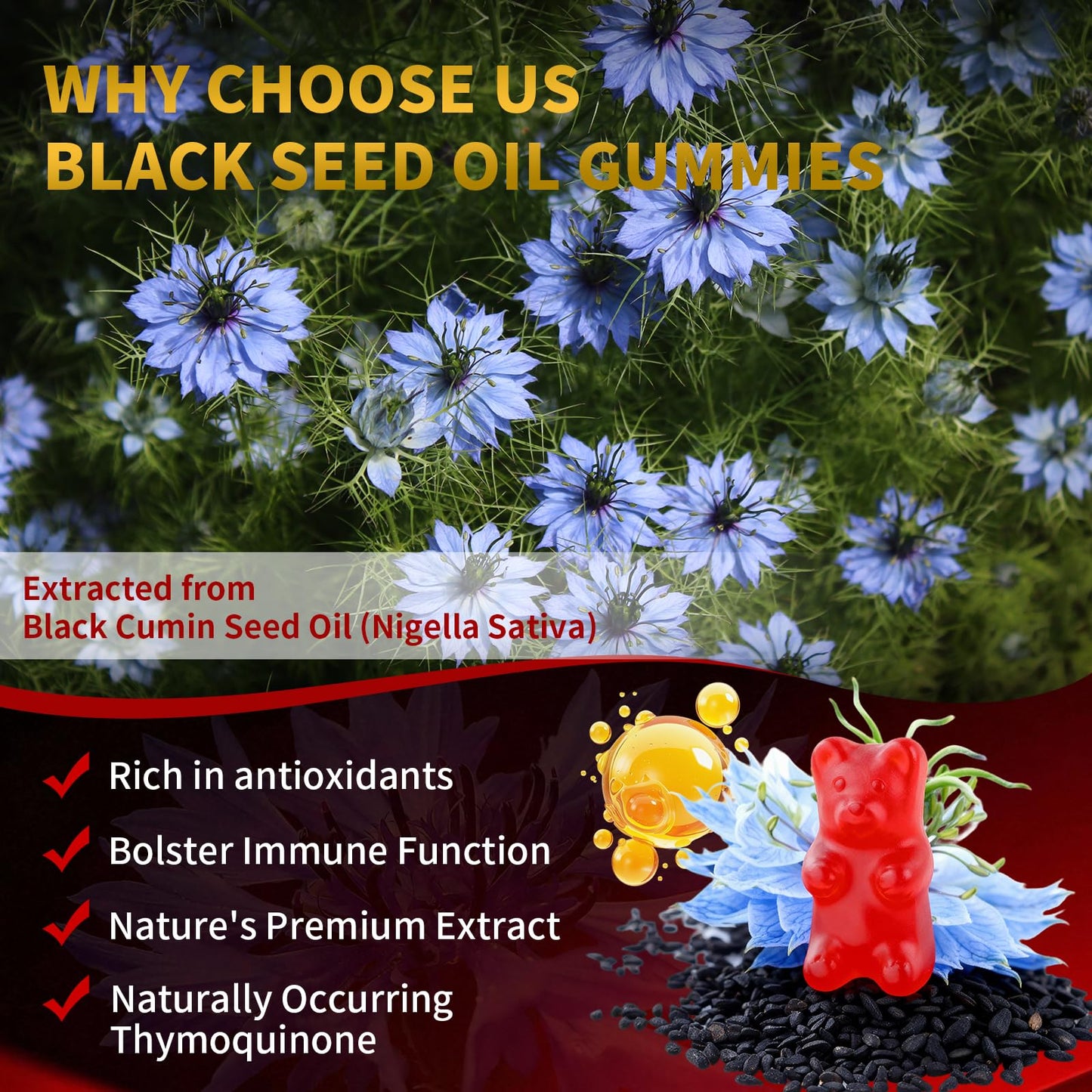 YXSW Black Seed Oil Gummies 500mg with Honey and 2% Thymoquinone, Nigella Sativa Seeds, 60 Count