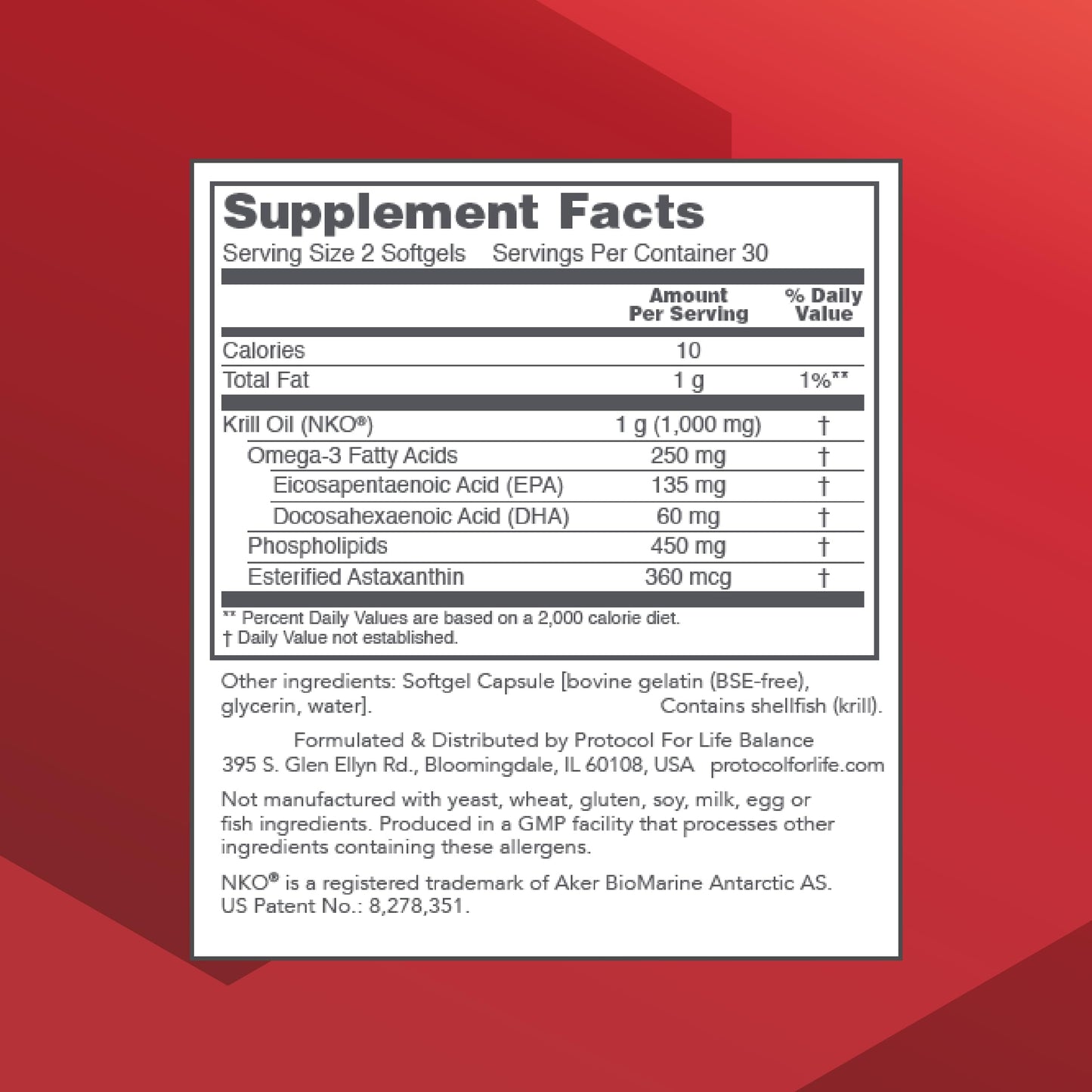 PROTOCOL FOR LIFE BALANCE Krill Oil 500mg, DHA & EPA Softgels 60