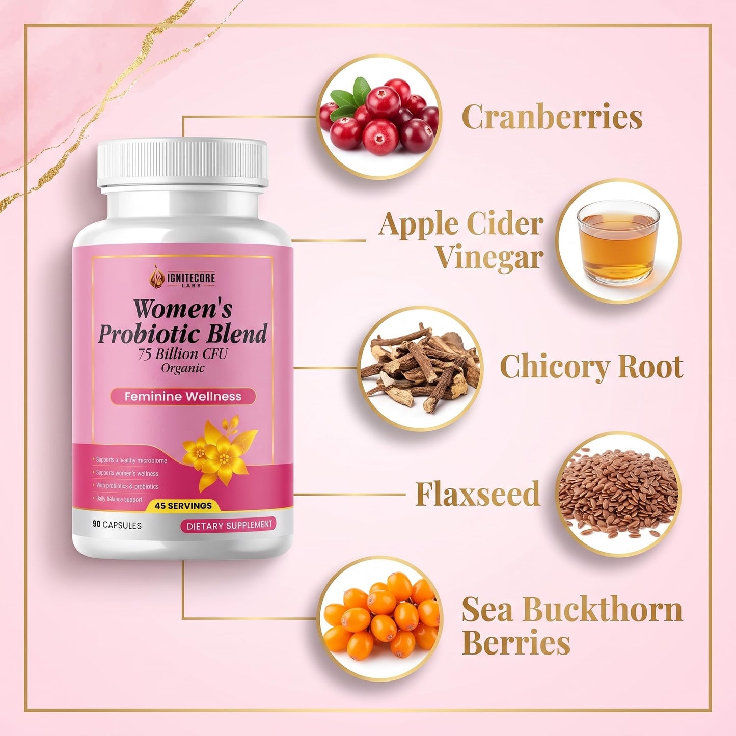 IgniteCore Labs Women's Probiotic 75 Billion CFU with Prebiotics – Vaginal Health, pH Balance & Urinary Support – Organic Cranberry, Digestive Immune Health – Non-GMO, USDA Organic, 90 Capsules