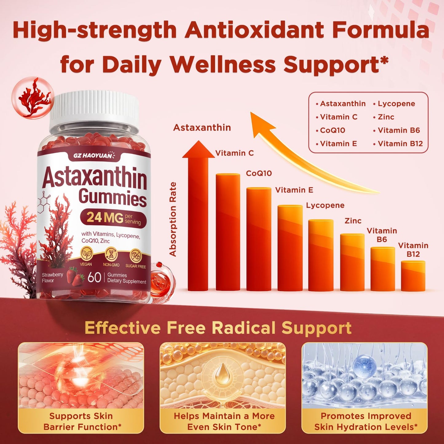 GZ HAOYUAN Astaxanthin Gummies 24mg 60 Count