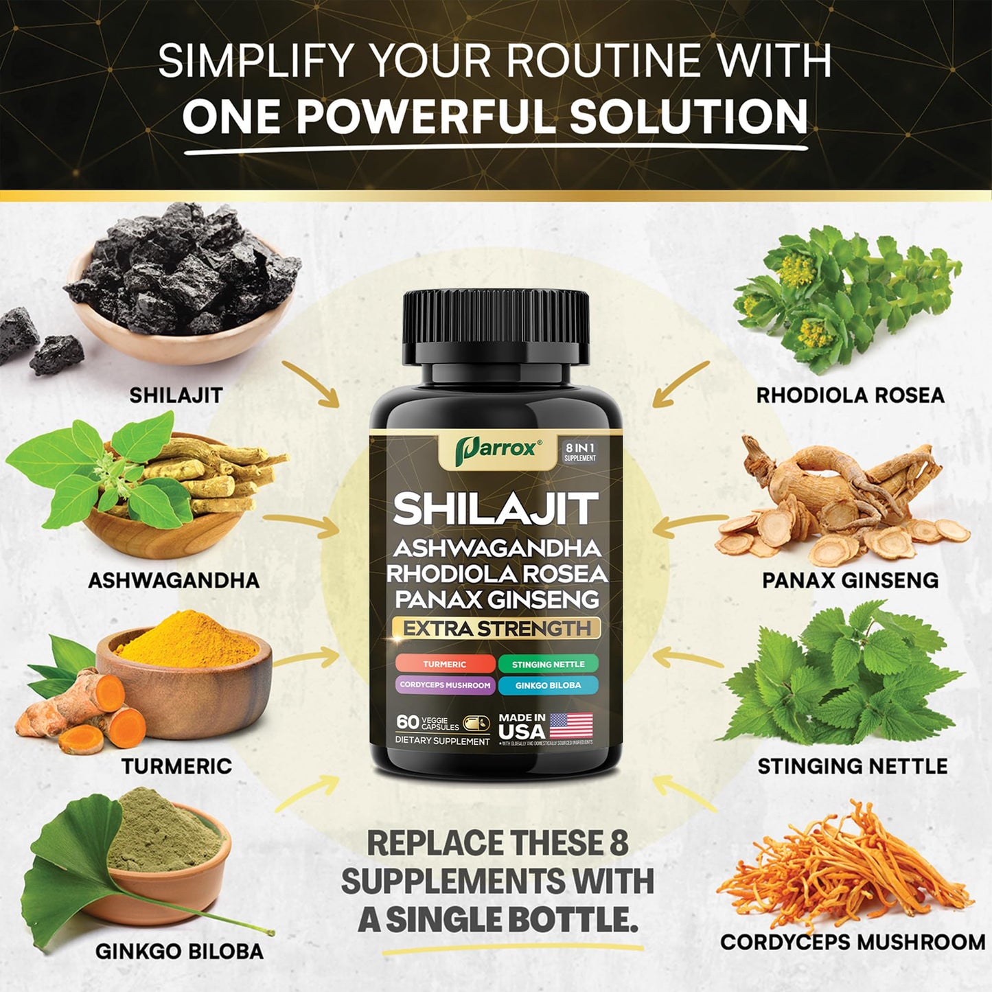Parrox Shilajit Supplement Panax Ginseng Capsules, 60 Count