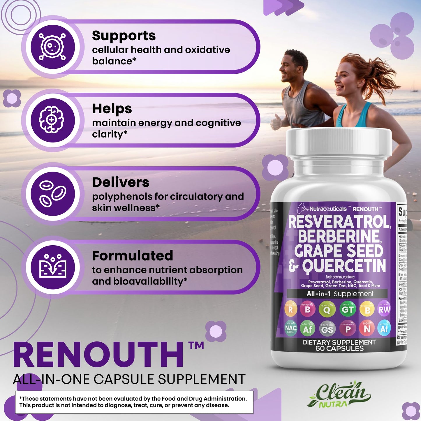 Clean Nutraceuticals Resveratrol Berberine Grape Seed Extract Quercetin Green Tea Extract Polyphenol Supplement N-Acetyl Cysteine Acai, 60 Capsules