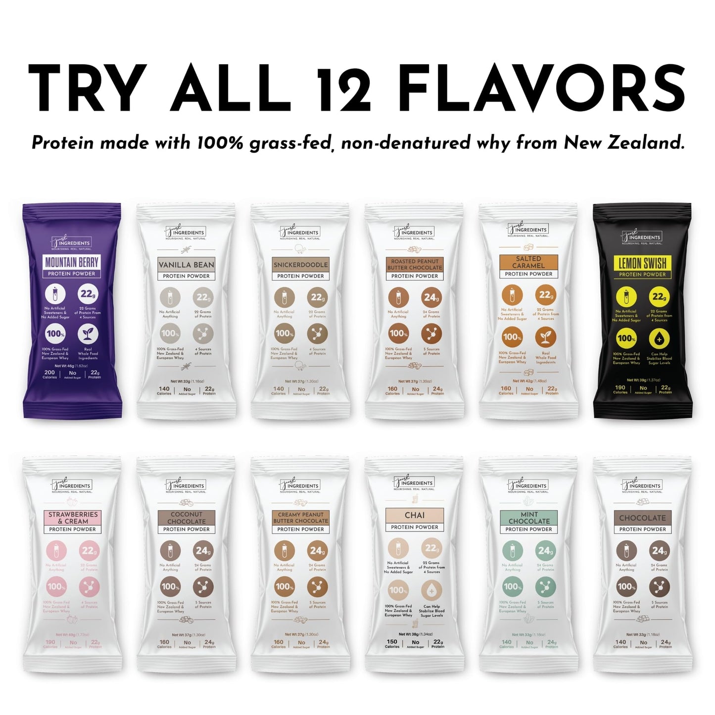 JUST INGREDIENTS Grass-Fed Whey Protein Powder, Four-Source Organic Whole Food Blend, 12 Servings, 22g Protein