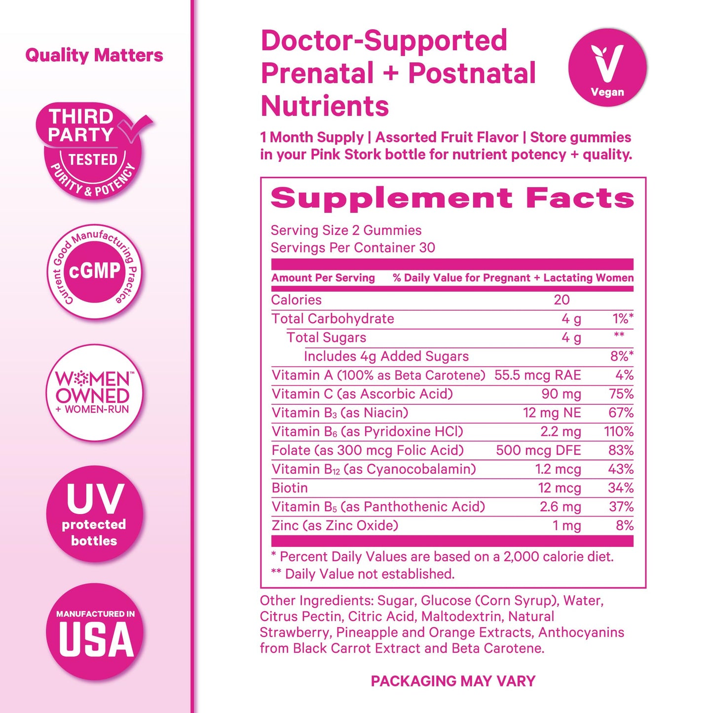 Pink Stork Fertility + Prenatal + Postnatal Gummy Vitamins – Full Motherhood Journey Support – Multivitamin with Folate, B Vitamins, Zinc & Biotin – Postpartum Essentials, 60 Gummies