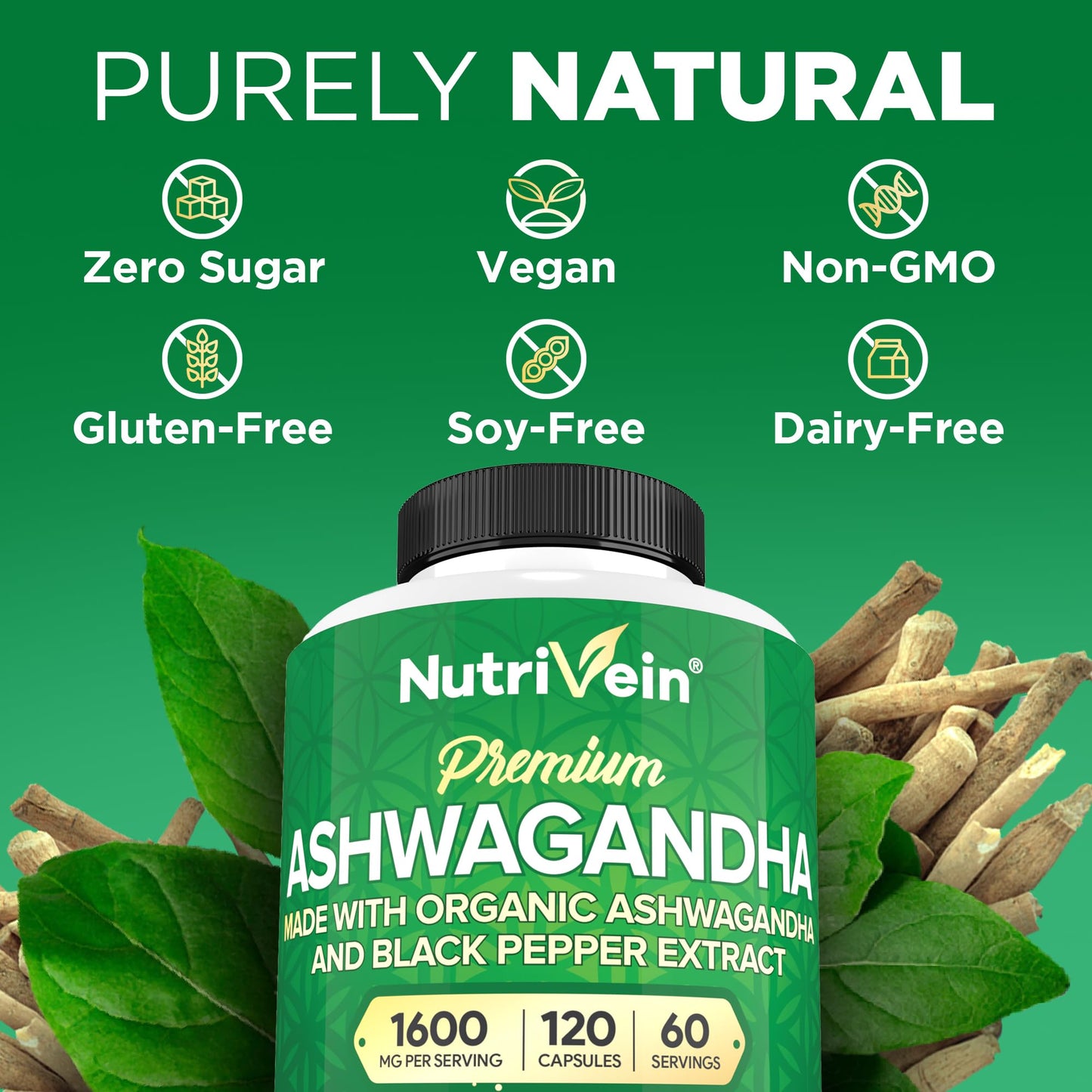 Nutrivein Ashwagandha Root 1600 mg with Black Pepper, 120 Capsules