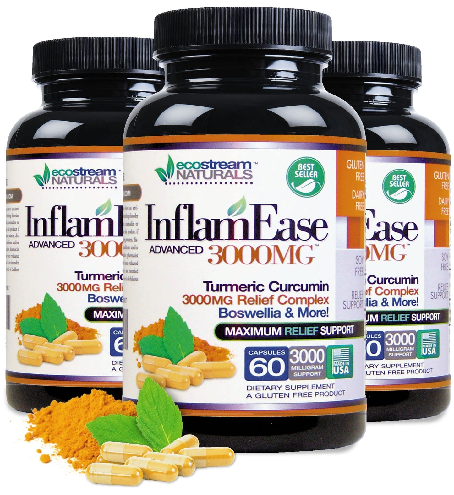 ecostream Naturals InflamEase with Turmeric, Curcumin, Enzymes and Boswellia Capsules, 180 Capsules