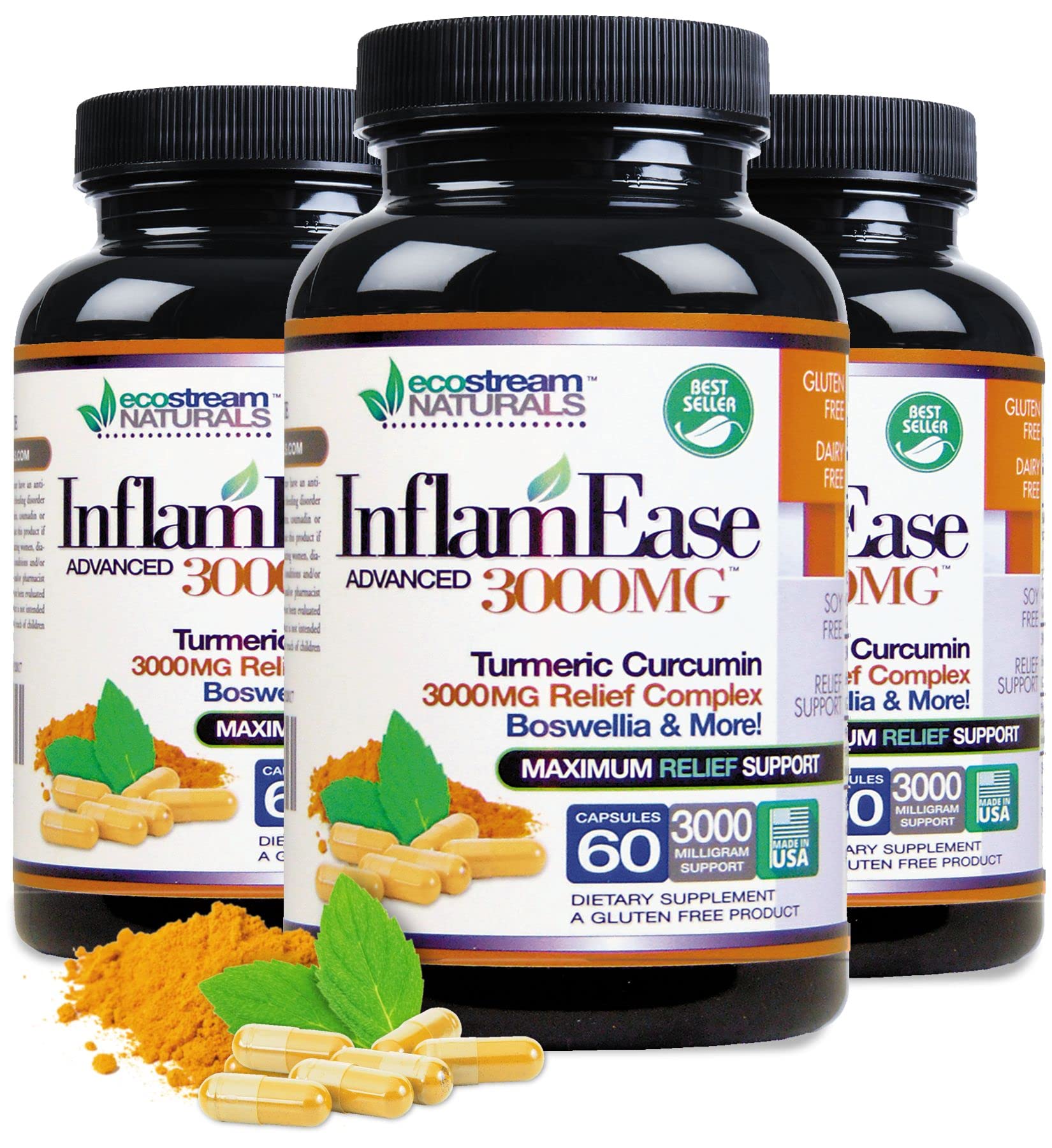 ecostream Naturals InflamEase with Turmeric, Curcumin, Enzymes and Boswellia Capsules, 180 Capsules