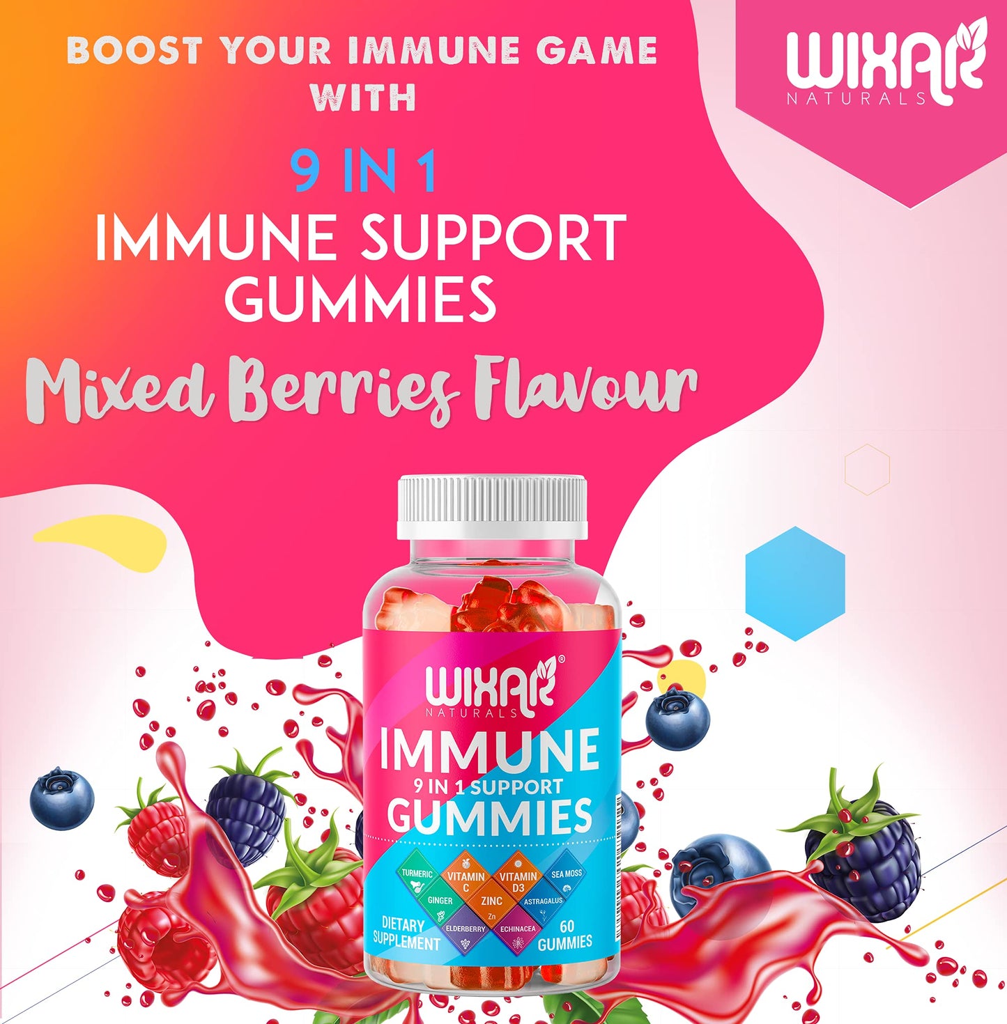WIXAR NATURALS 9 in 1 Immune Support Gummies with Elderberry, Vitamin C&D, Zinc, Turmeric, Ginger, Echinacea, Astragalus & Sea Moss, 60 Gummies