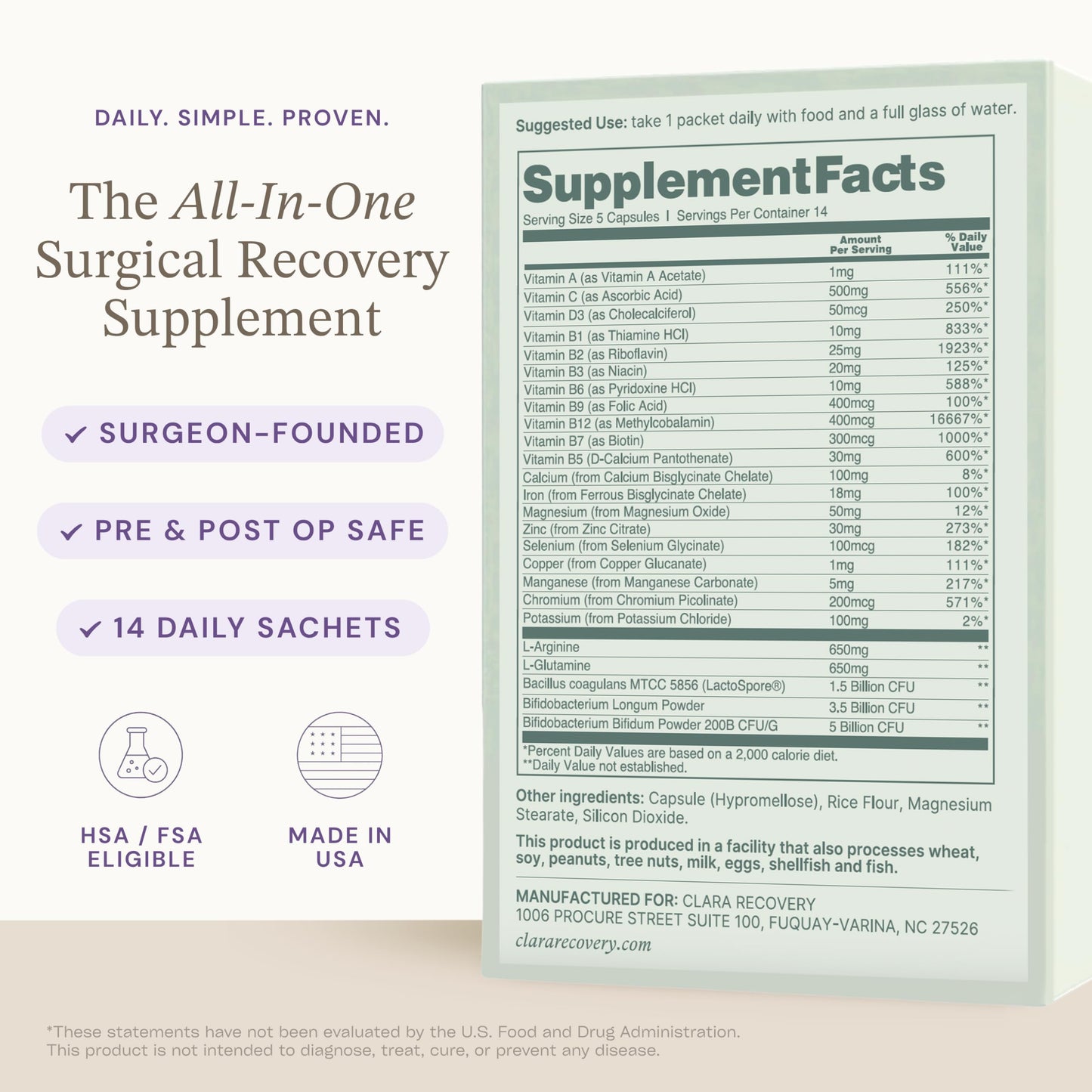 Clara Recovery Surgical Recovery Supplement Capsule 70 Count
