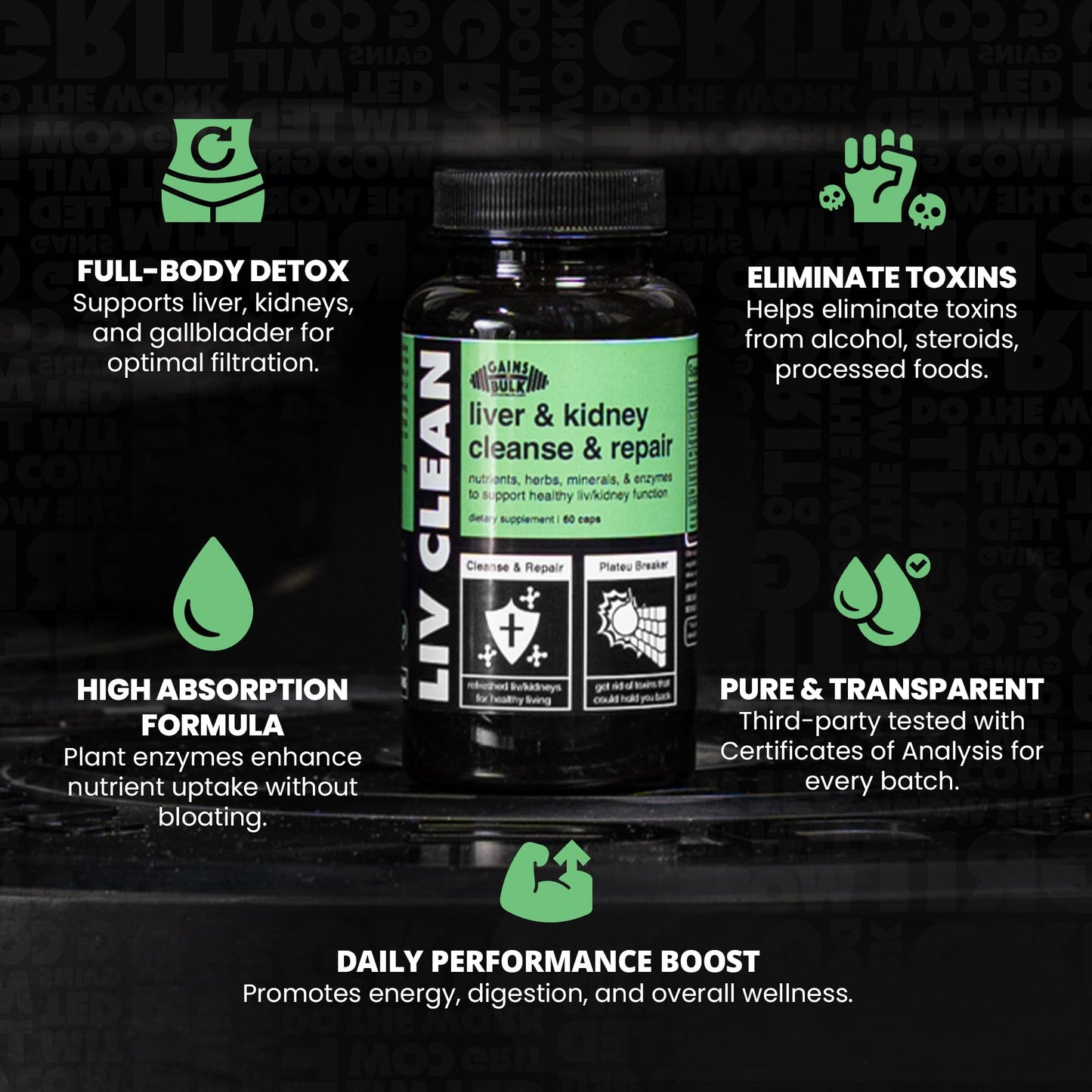 Gains in Bulk Liv Clean Liver & Kidney Cleanse & Repair Liver Support Supplement with Milk Thistle Extract, Dandelion Root, Digestive Enzymes, Organic Minerals and Nutrients, 60 Vegetarian Capsules