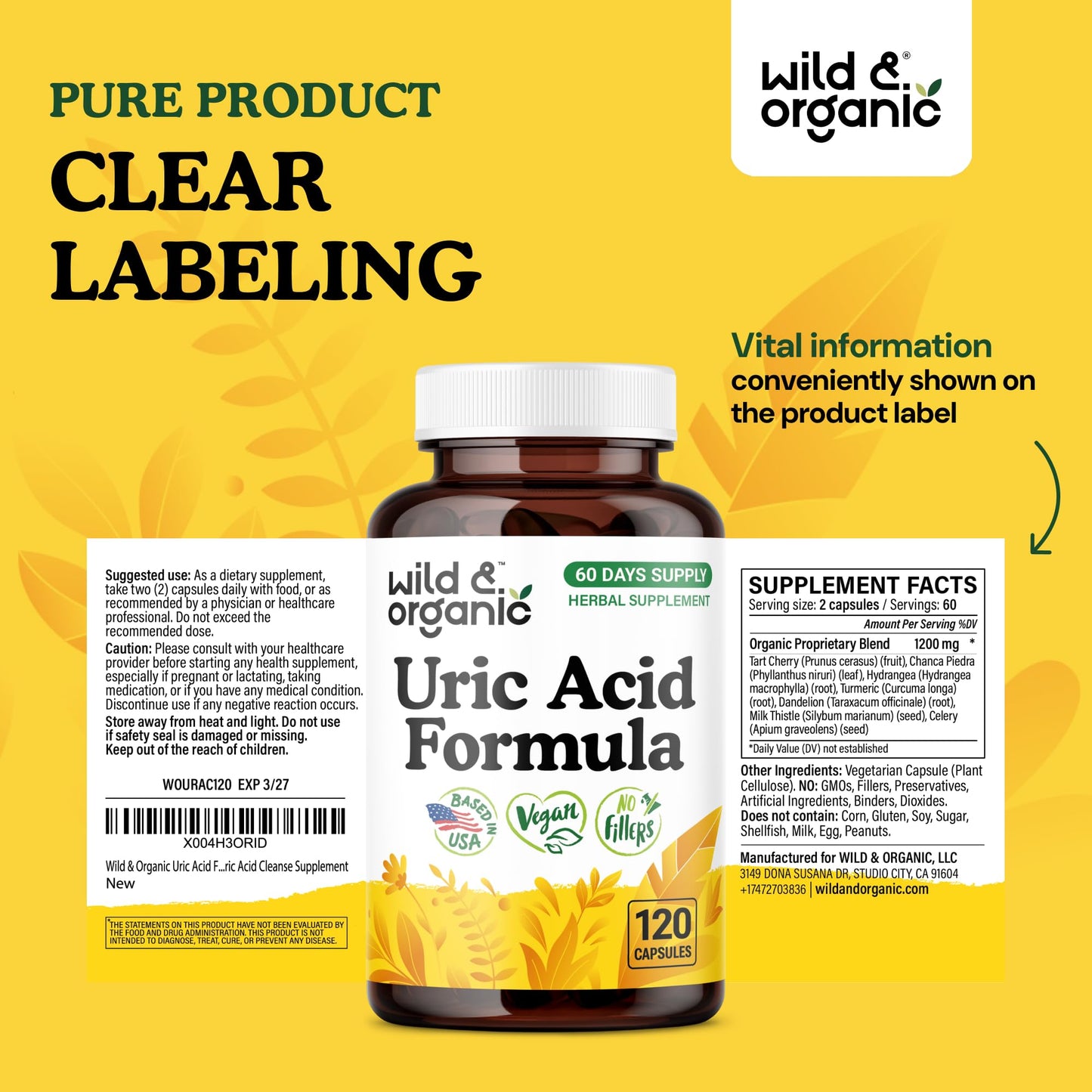 Wild & Organic Uric Acid Formula Capsules - Cleanse Support, 120 Capsules