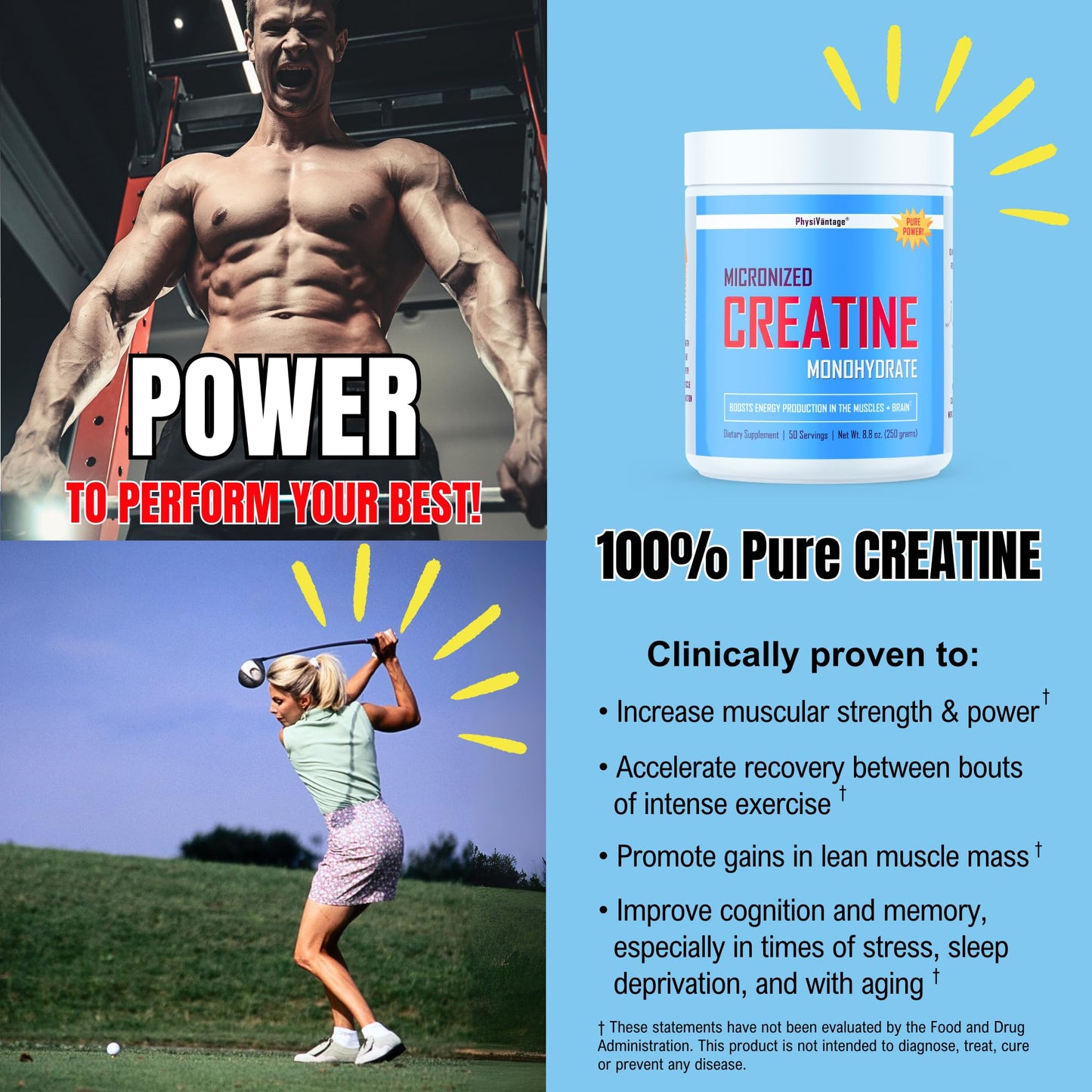 PhysiVantage Creatine Monohydrate – Pure Micronized 5g Dose Powder, 8.8 oz