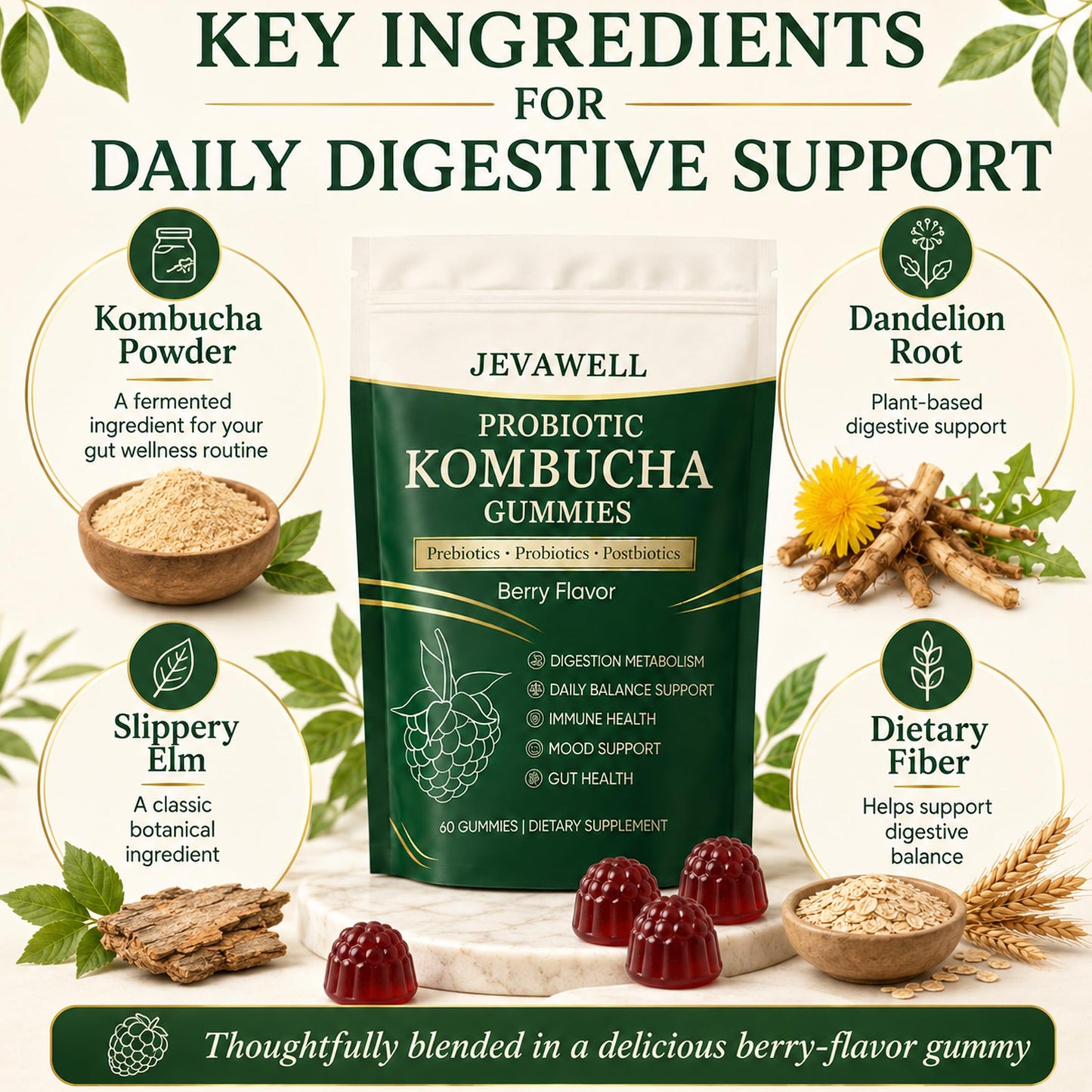 YANJIAYI Jevawell Kombucha Gummies, 60 Gummies