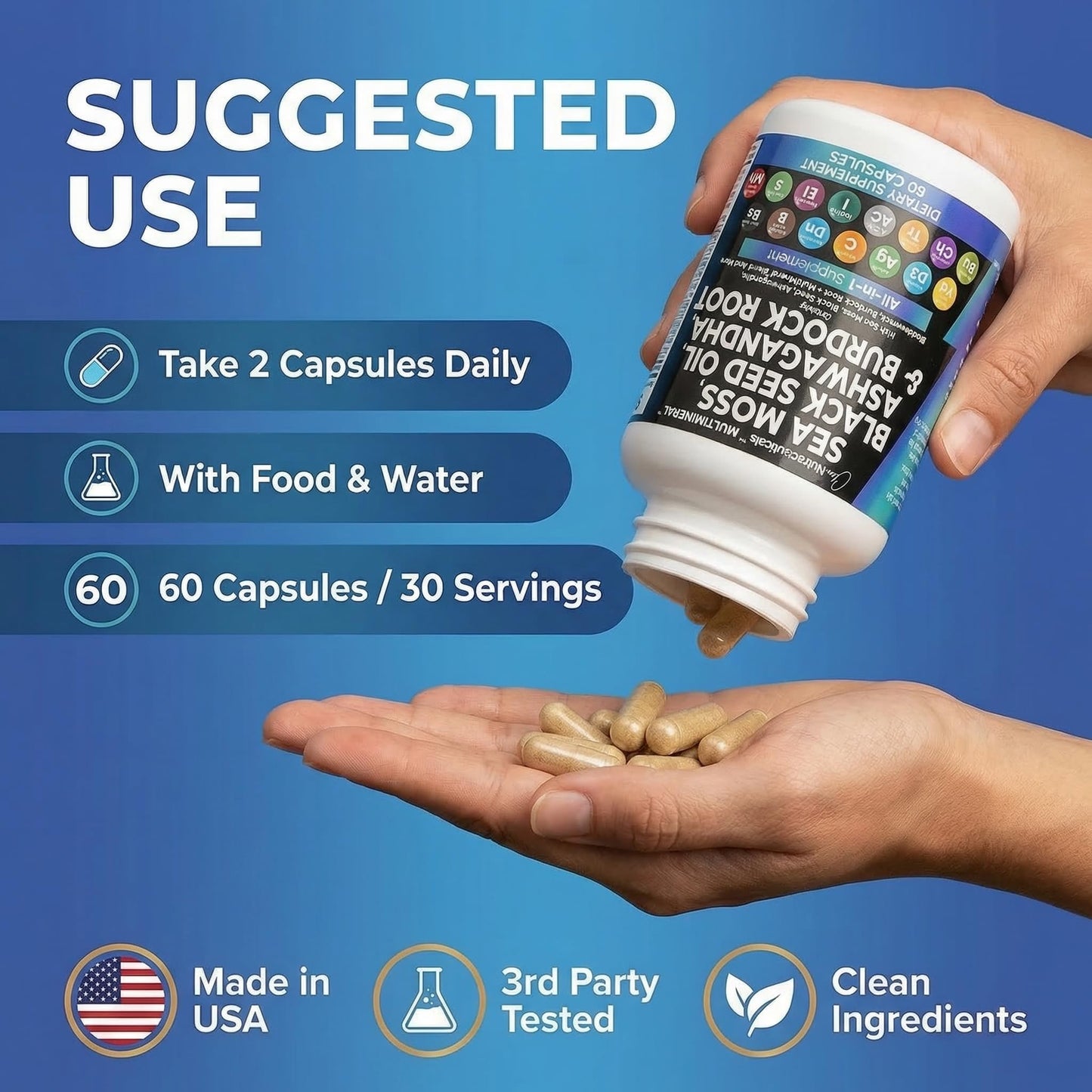Clean Nutraceuticals Sea Moss Black Seed Oil Ashwagandha Turmeric Bladderwrack Burdock & Vitamin C Vitamin D3 with Elderberry Manuka Dandelion Yellow Dock Iodine Chlorophyll ACV Capsules 60 Count