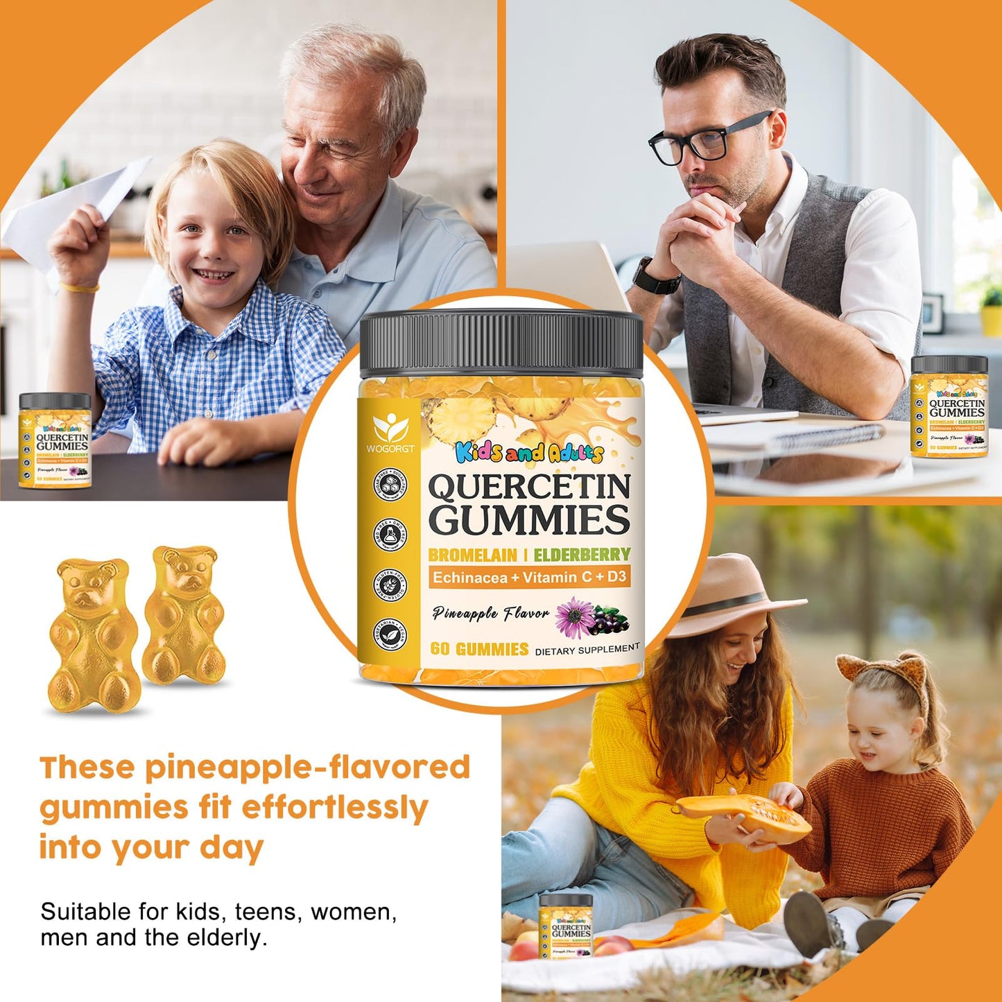 WOGORGT Quercetin Gummies with Bromelain for Adults & Kids - 800mg Quercetin with Elderberry, Vitamin C & D3, Immune Support, Sugar Free, Vegan, Pineapple Flavor, 120 Gummies