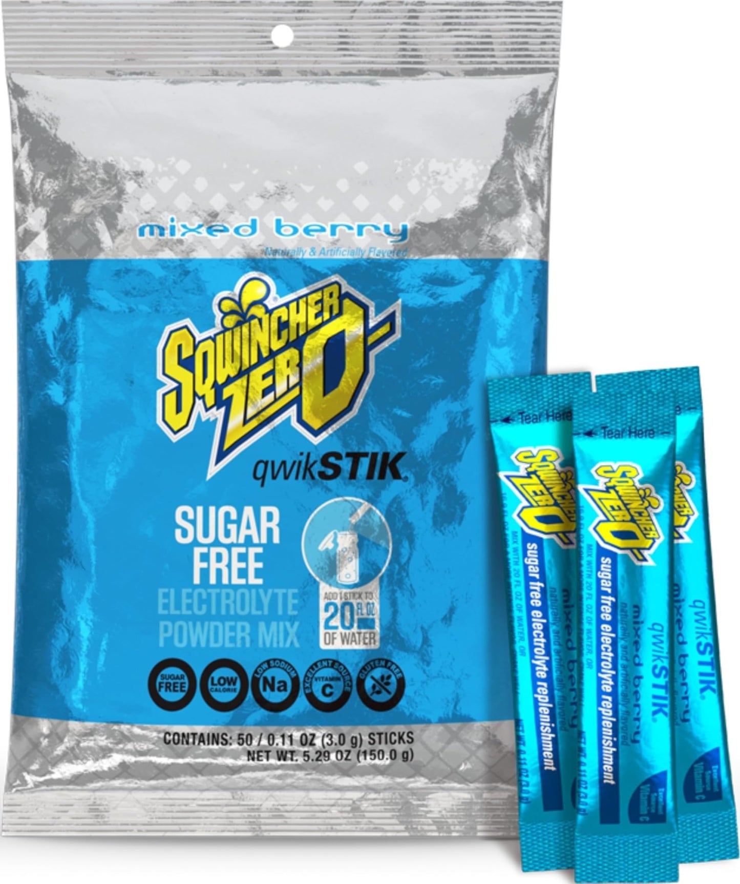 Sqwincher Qwik Stik Sugar Free Mixed Berry Flavor Powder, 5.5 oz, 50 Pack