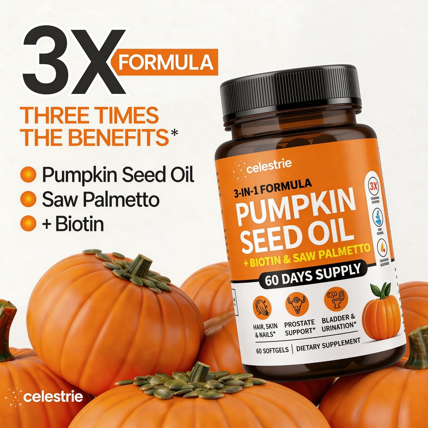 Celestrie 3-in-1 Pumpkin Seed Oil with Saw Palmetto Softgels 60 Count