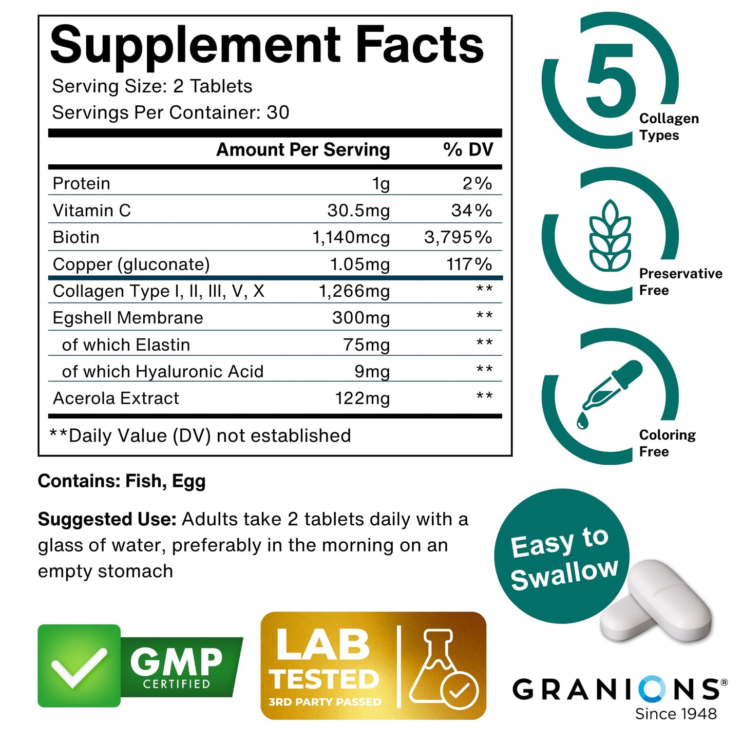 Granions Hydrolyzed Multi Collagen Peptides Tablet, 60 Tablets