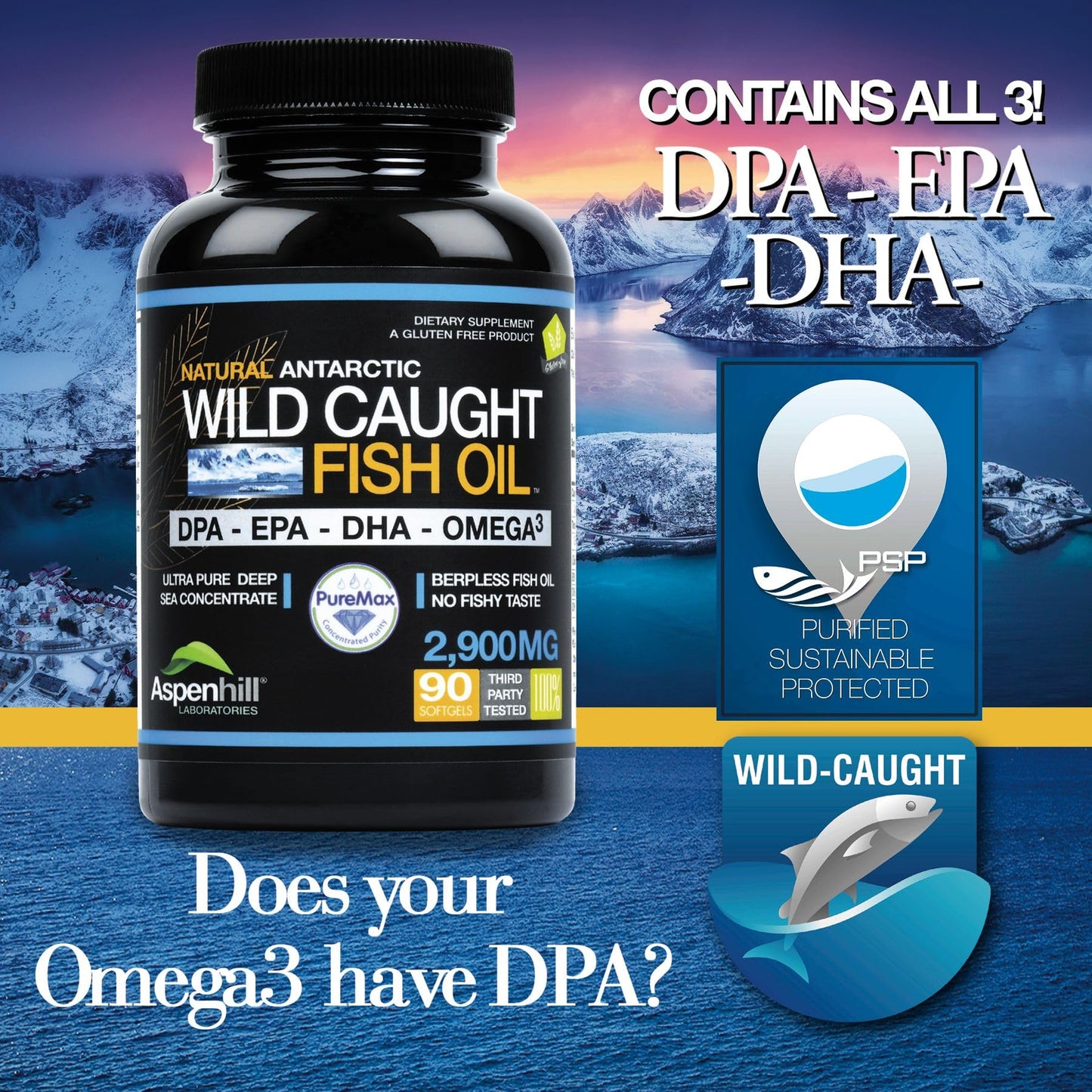 Aspenhill Laboratories Triple Strength Fish Oil Ultra Pure Wild-Caught Omega-3 DPA Fish Oil 2900 mg Omega-3 with DPA, EPA & DHA SoftGels, 90 Count