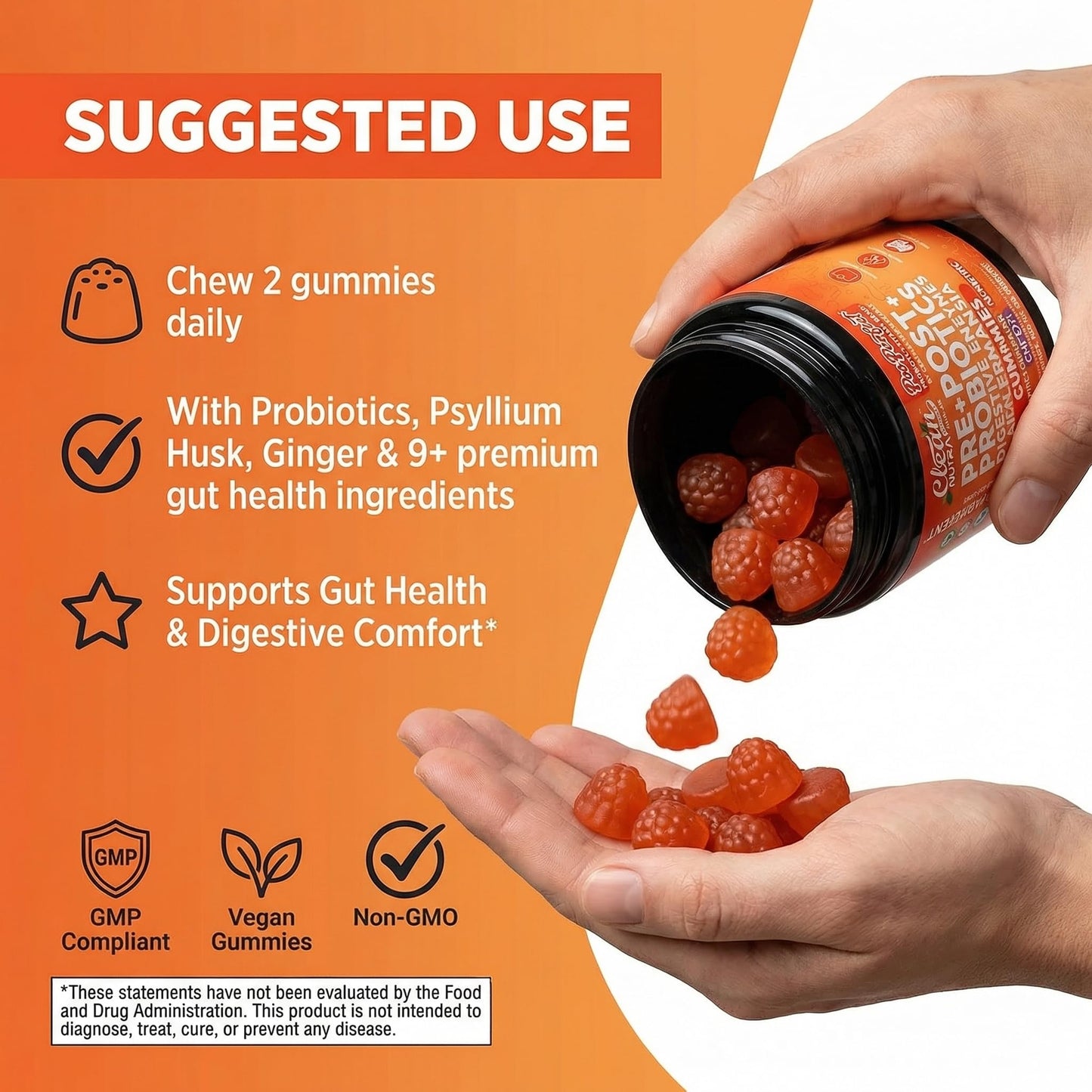 Clean Nutraceuticals Prebiotic Postbiotic Digestive Enzymes Gummy, 60 Count