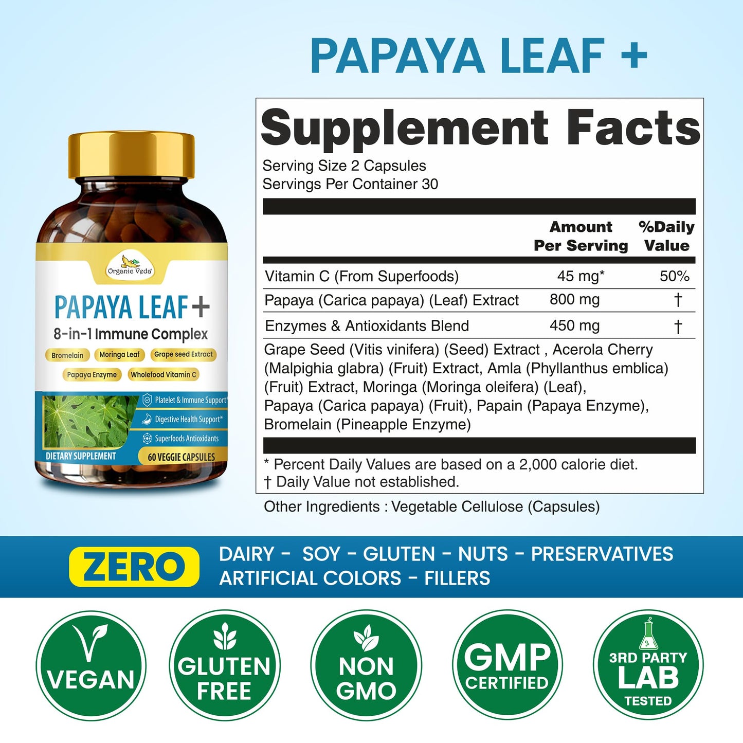 Organic Veda Papaya Leaf + Supplement - 8 in 1 Immune & Platelet Complex with Papain, Papaya Leaf Extract 800 mg, Bromelain, Vitamin C, Grape Seed & Moringa for Bone Marrow & Gut Health, 60 Capsules