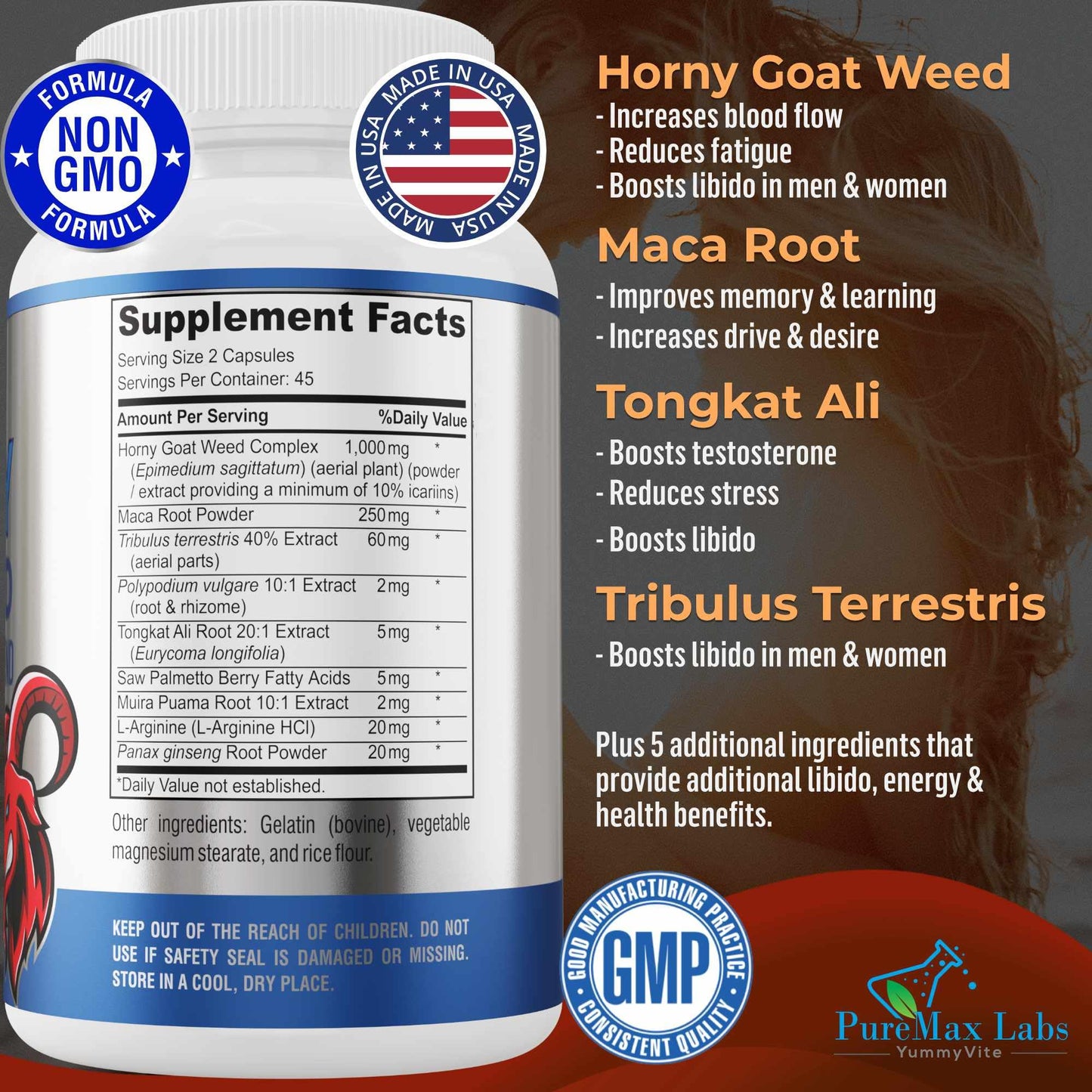 YUMMYVITE Horny Goat Weed 1364mg Extra Strength with Maca, L-Arginine, Ginseng, Non-GMO Formula, 90 Capsules