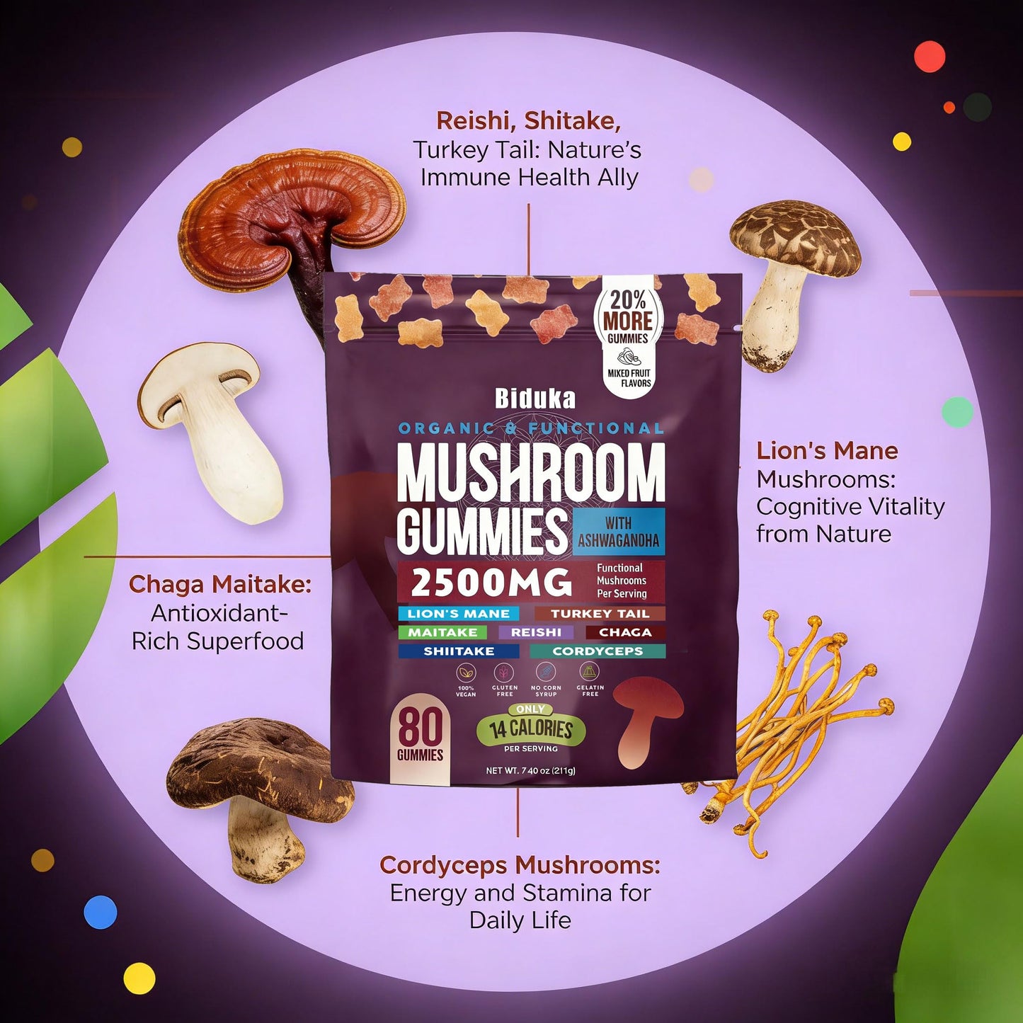 Biduka Organic Functional Mushroom Gummies with Ashwagandha, 80 Count