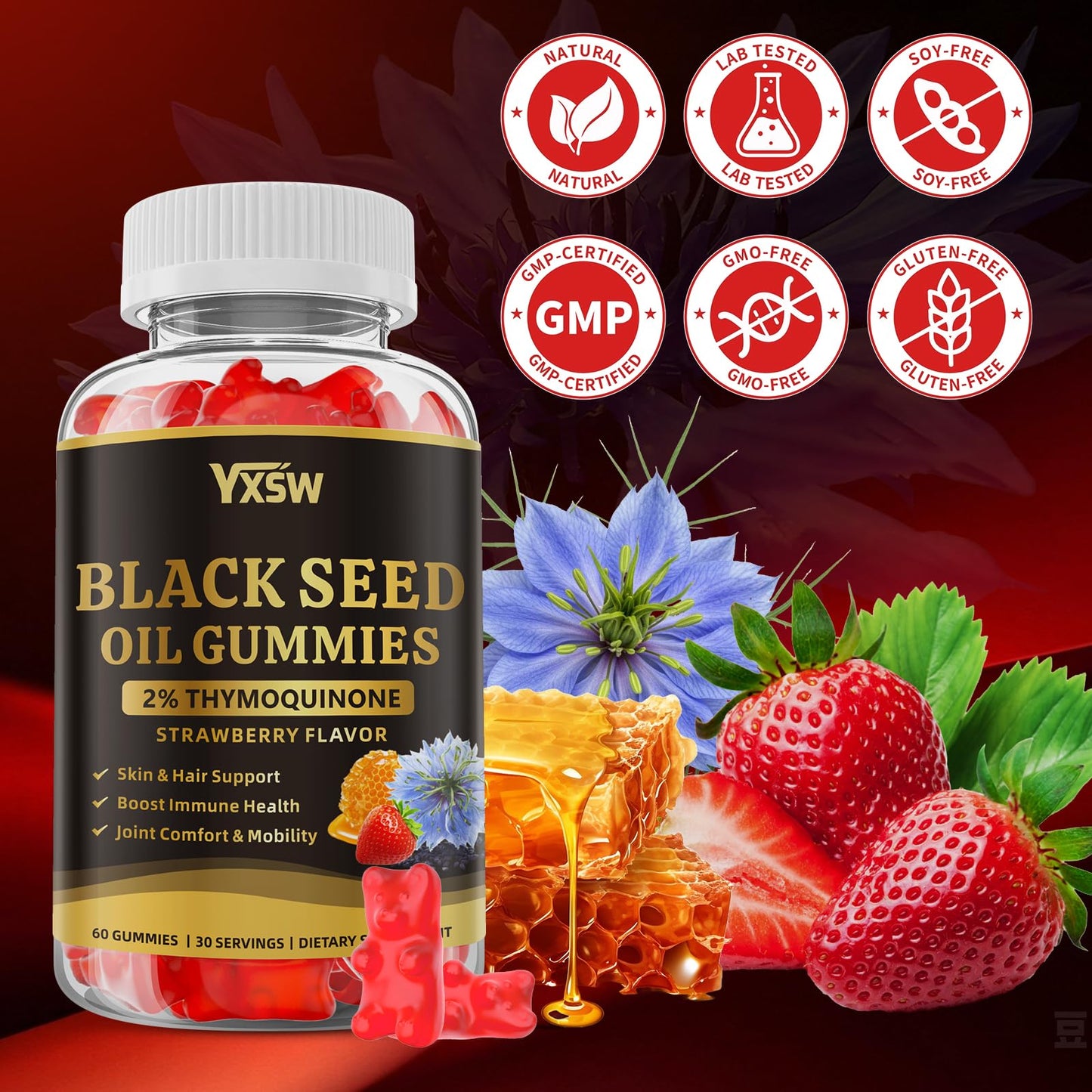 YXSW Black Seed Oil Gummies 500mg with Honey and 2% Thymoquinone, Nigella Sativa Seeds, 60 Count