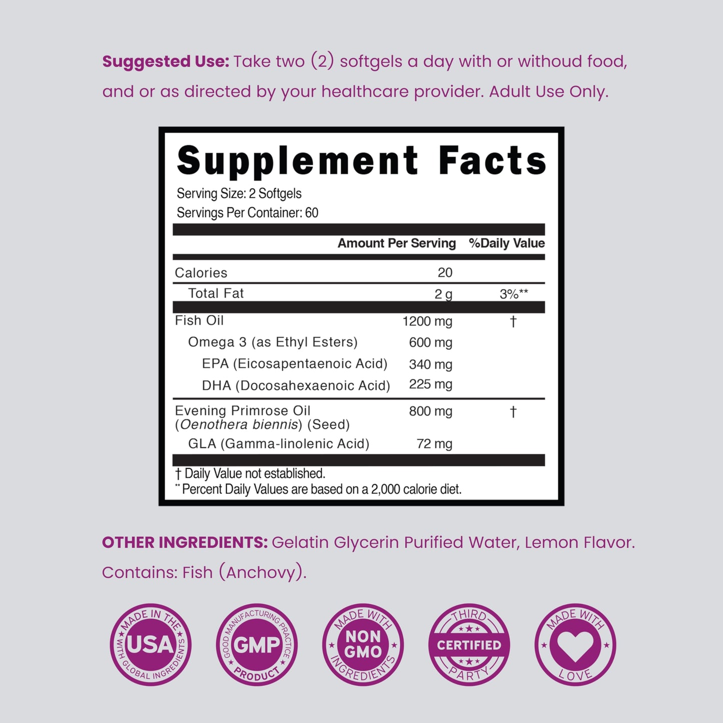 Dorado Nutrition Fish Oil Omega-3 Supplements for Women Softgels 120 Count