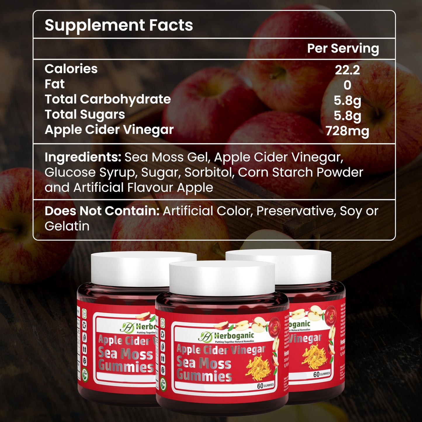 HERBOGANIC Apple Cider Gummies, 60 Gummies
