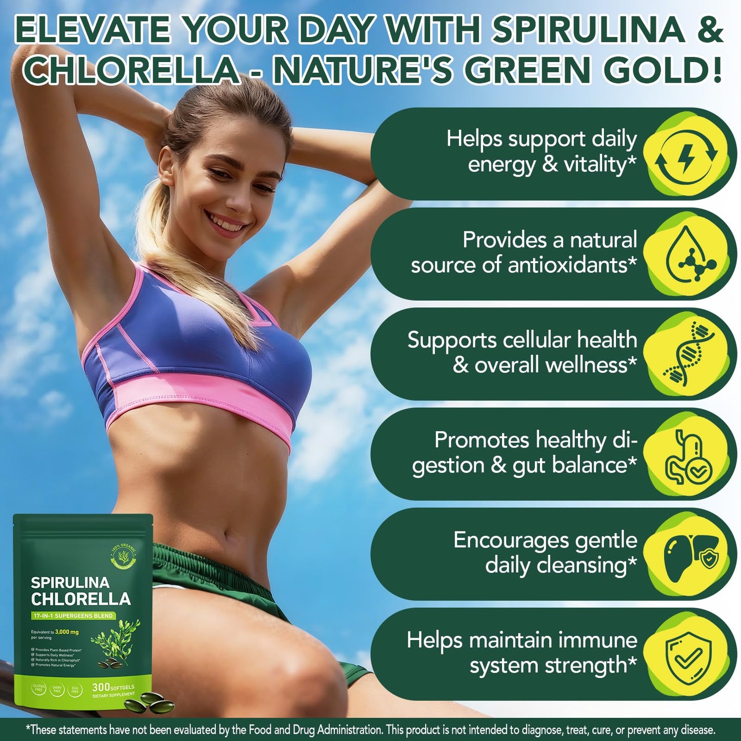 bnHUlMXw Organic Spirulina Chlorella Softgels, 300 Count