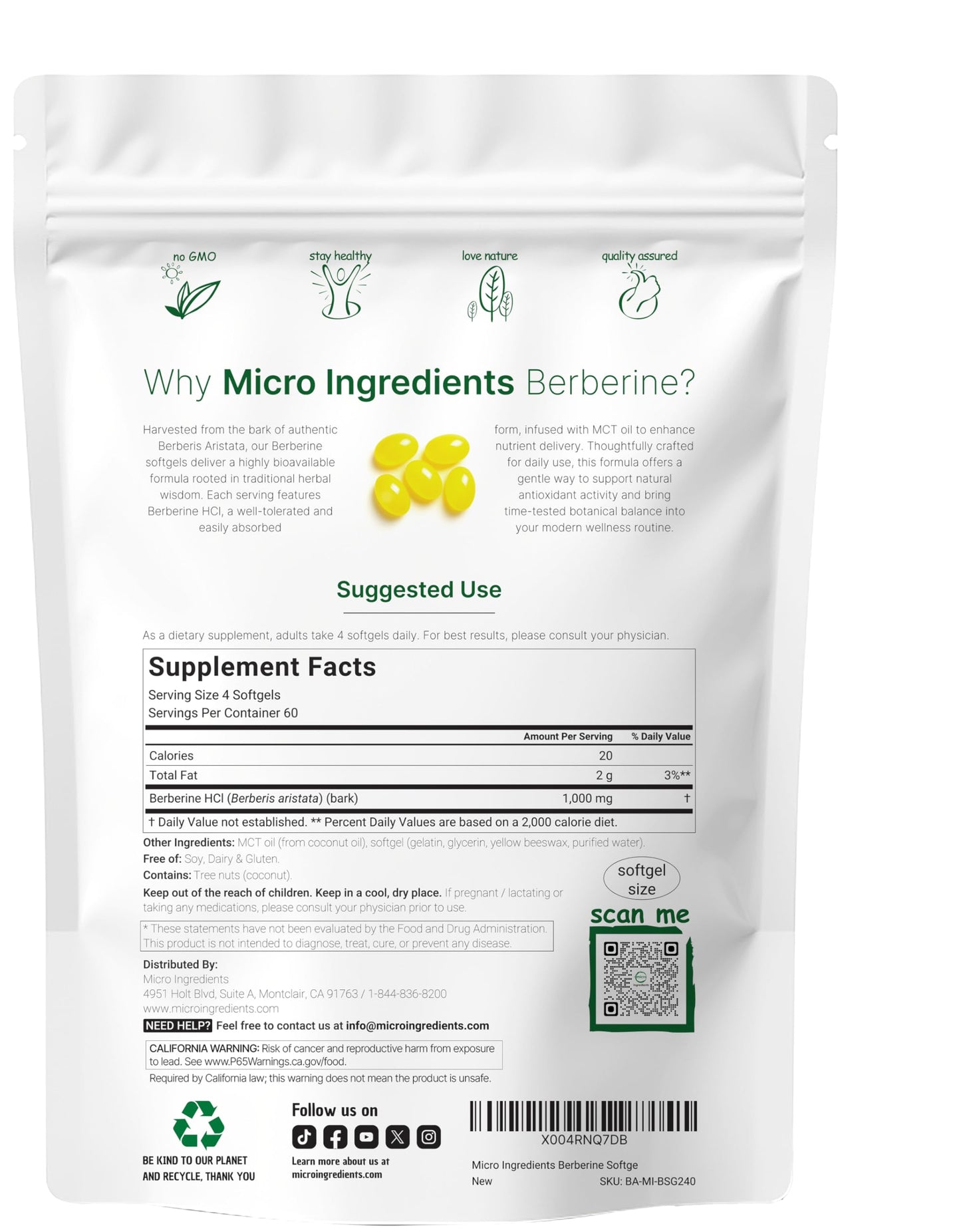 Micro Ingredients Berberine 1000mg with MCT Oil Softgels 240