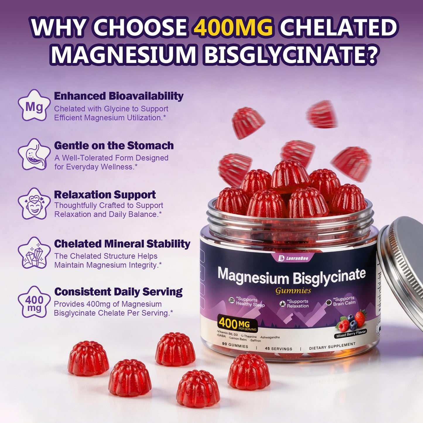 LanranBee Magnesium Bisglycinate Gummies 400mg Chelated Magnesium Supplement, 90 Gummies