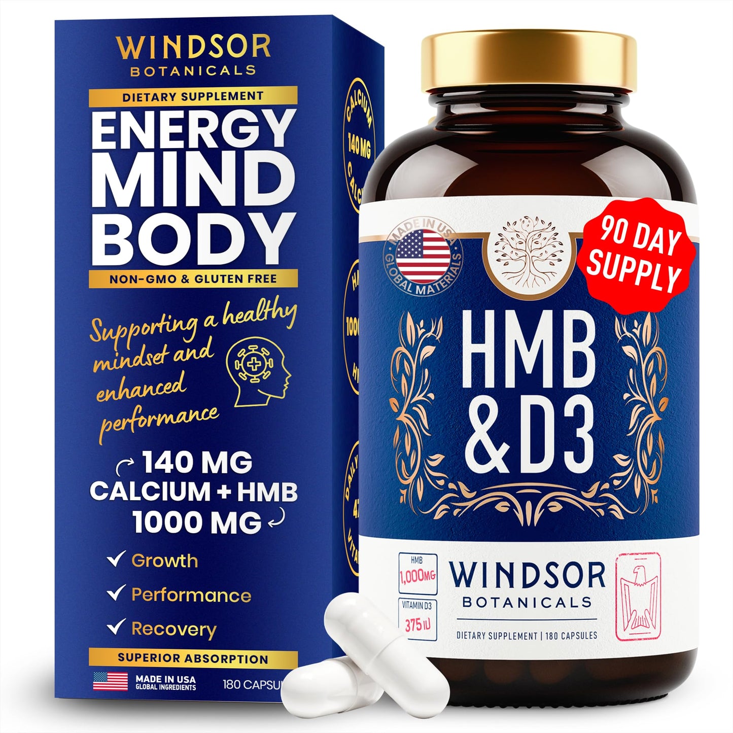 WINDSOR BOTANICALS HMB and Vitamin D3 Supplement 180 Capsules