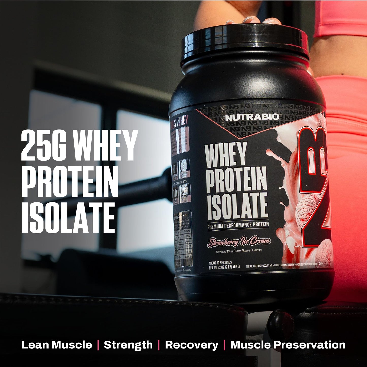 NutraBio 100% Whey Protein Isolate Powder, Strawberry Ice Cream, 32 Servings, 2 Lbs