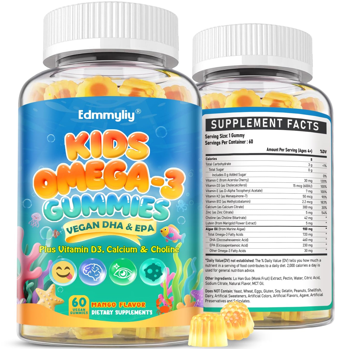 Edmmyliy Kids Omega-3 Gummies with Algae Omega-3, Choline, Lutein, Vitamin D3, B12, Calcium & Zinc – Gummy – 120 Count