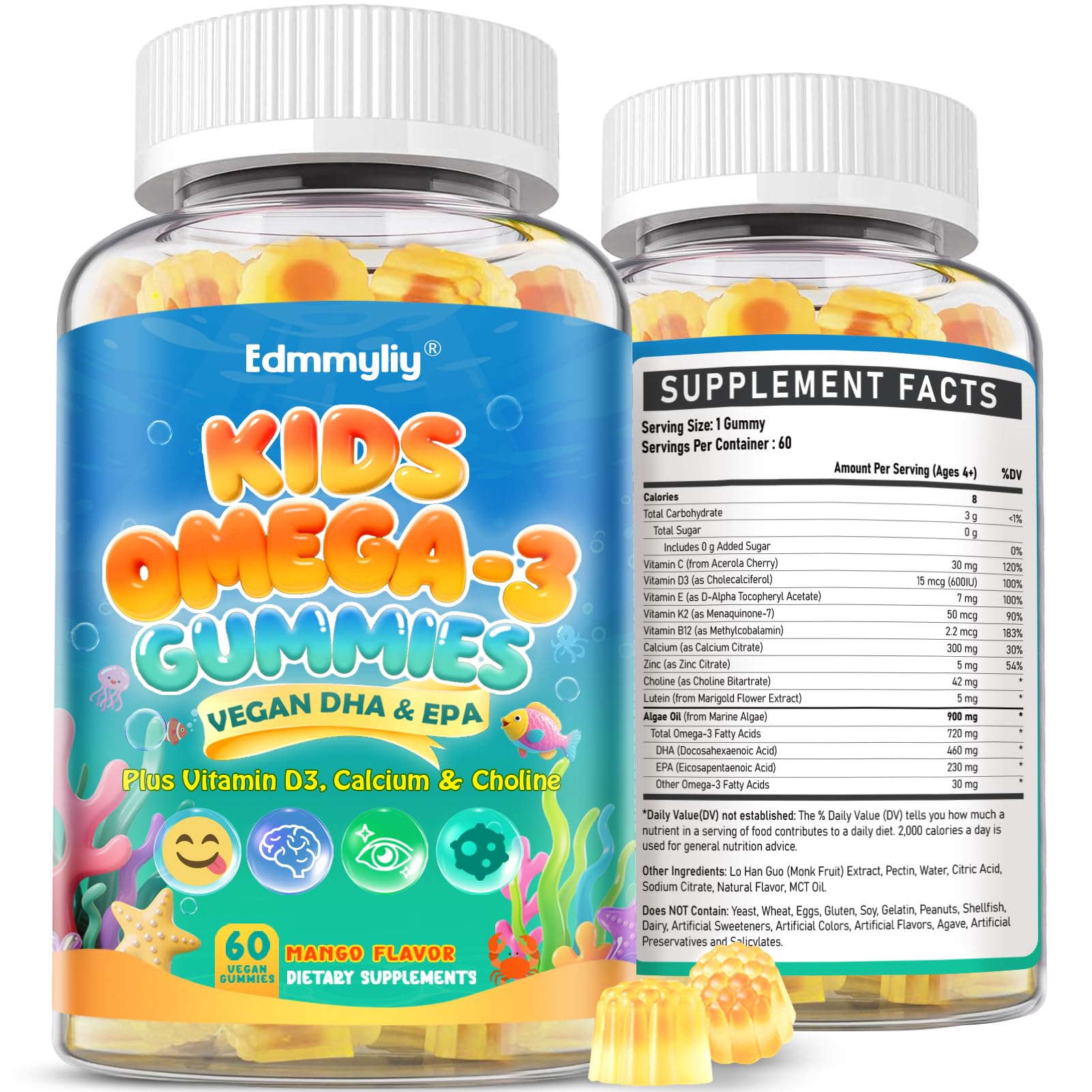 Edmmyliy Kids Omega-3 Gummies with Algae Omega-3, Choline, Lutein, Vitamin D3, B12, Calcium & Zinc – Gummy – 120 Count